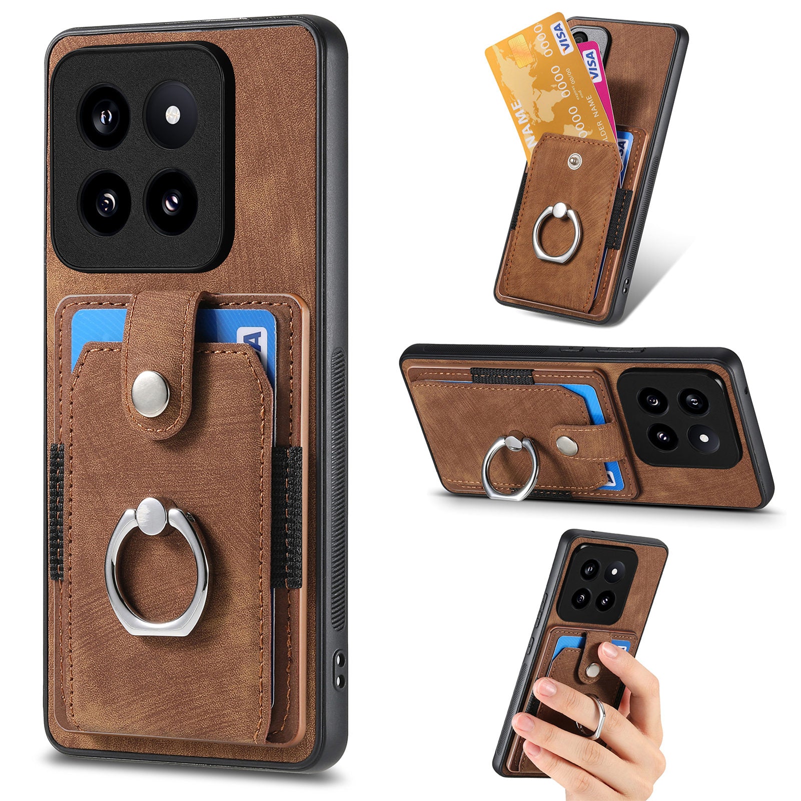 D2 For Xiaomi 14 Pro Case Ring Kickstand Leather+TPU Card Holder Phone Cover