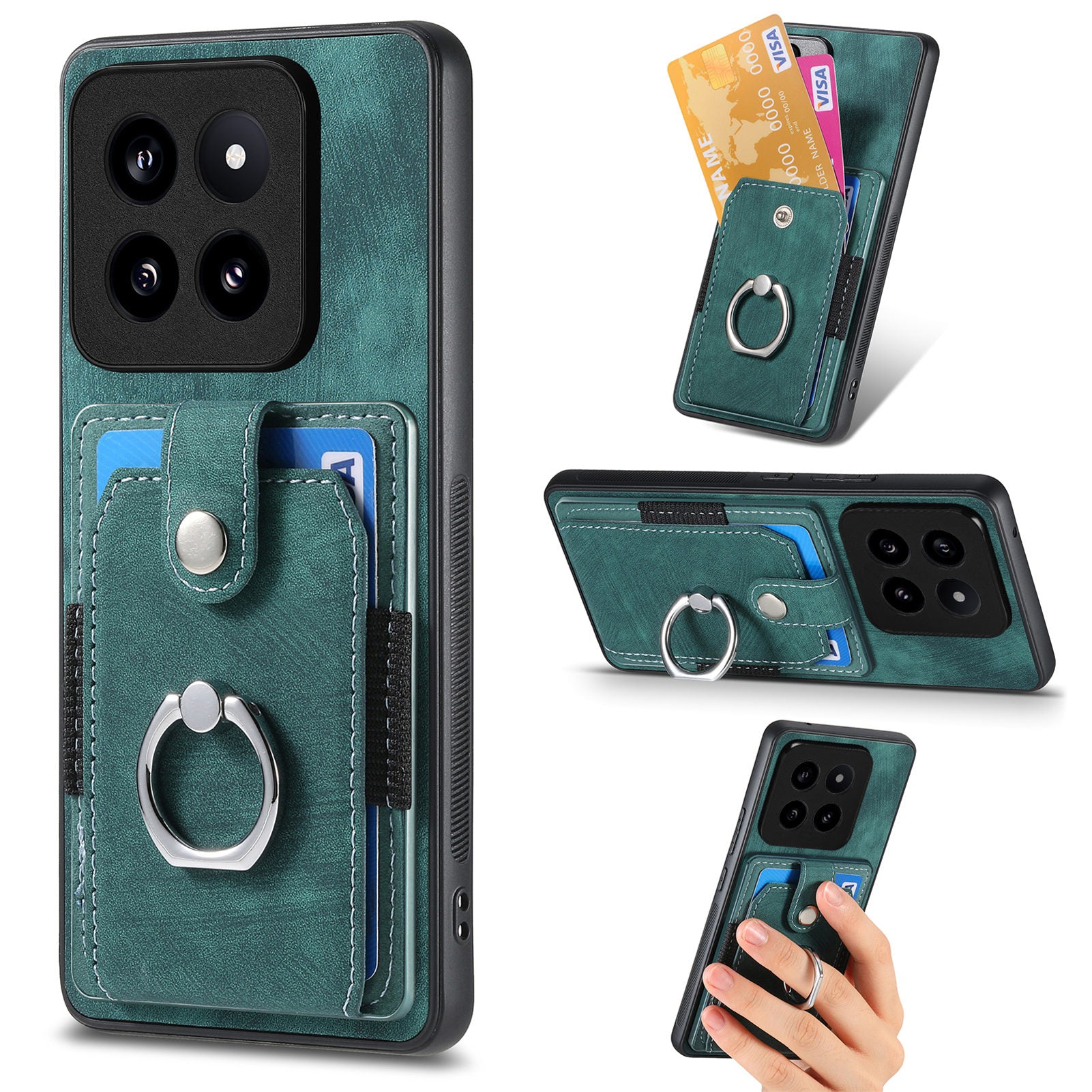 D2 For Xiaomi 14 Pro Case Ring Kickstand Leather+TPU Card Holder Phone Cover