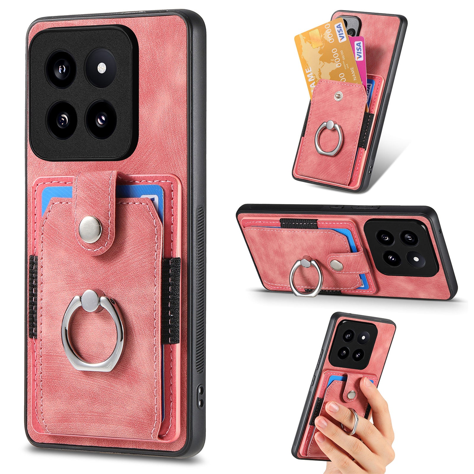 D2 For Xiaomi 14 Pro Case Ring Kickstand Leather+TPU Card Holder Phone Cover