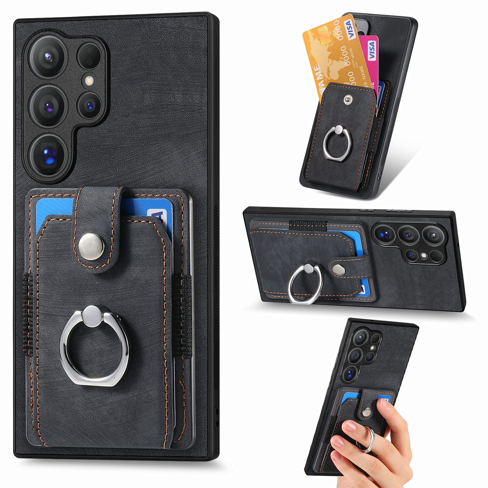 D2 For Samsung Galaxy S24 Ultra Phone Cover Slim-Fit Cell Phone Case with Card Holder, Ring Kickstand