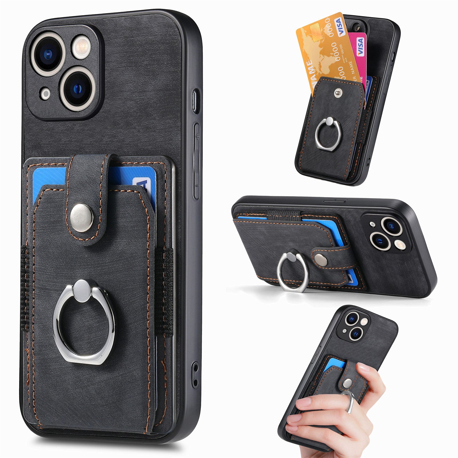 D2 For iPhone 15 Case with Card Holder Rotation Ring Kickstand Leather Back Cover