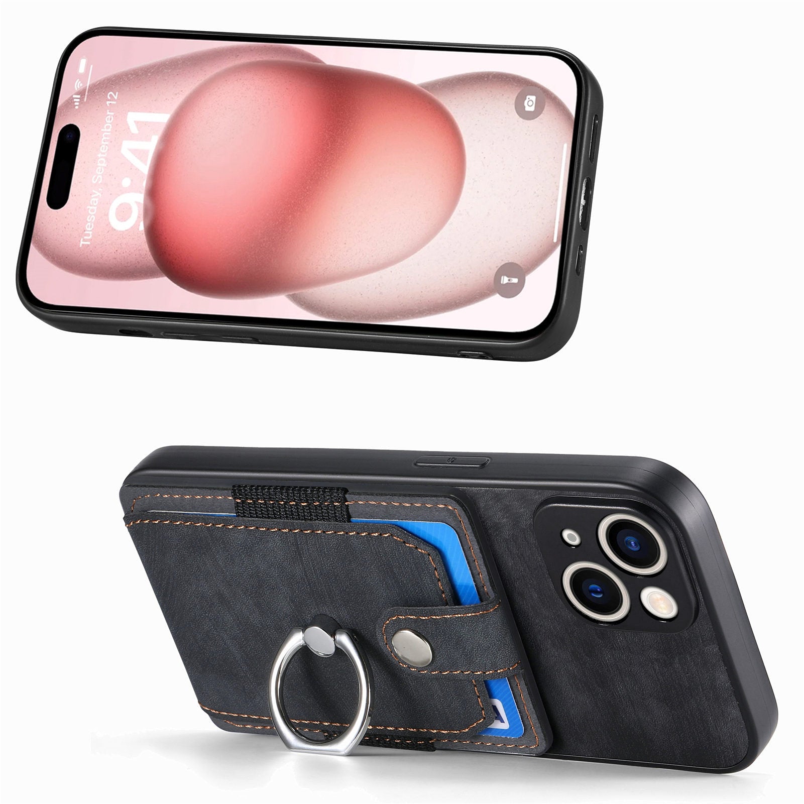 D2 For iPhone 15 Case with Card Holder Rotation Ring Kickstand Leather Back Cover