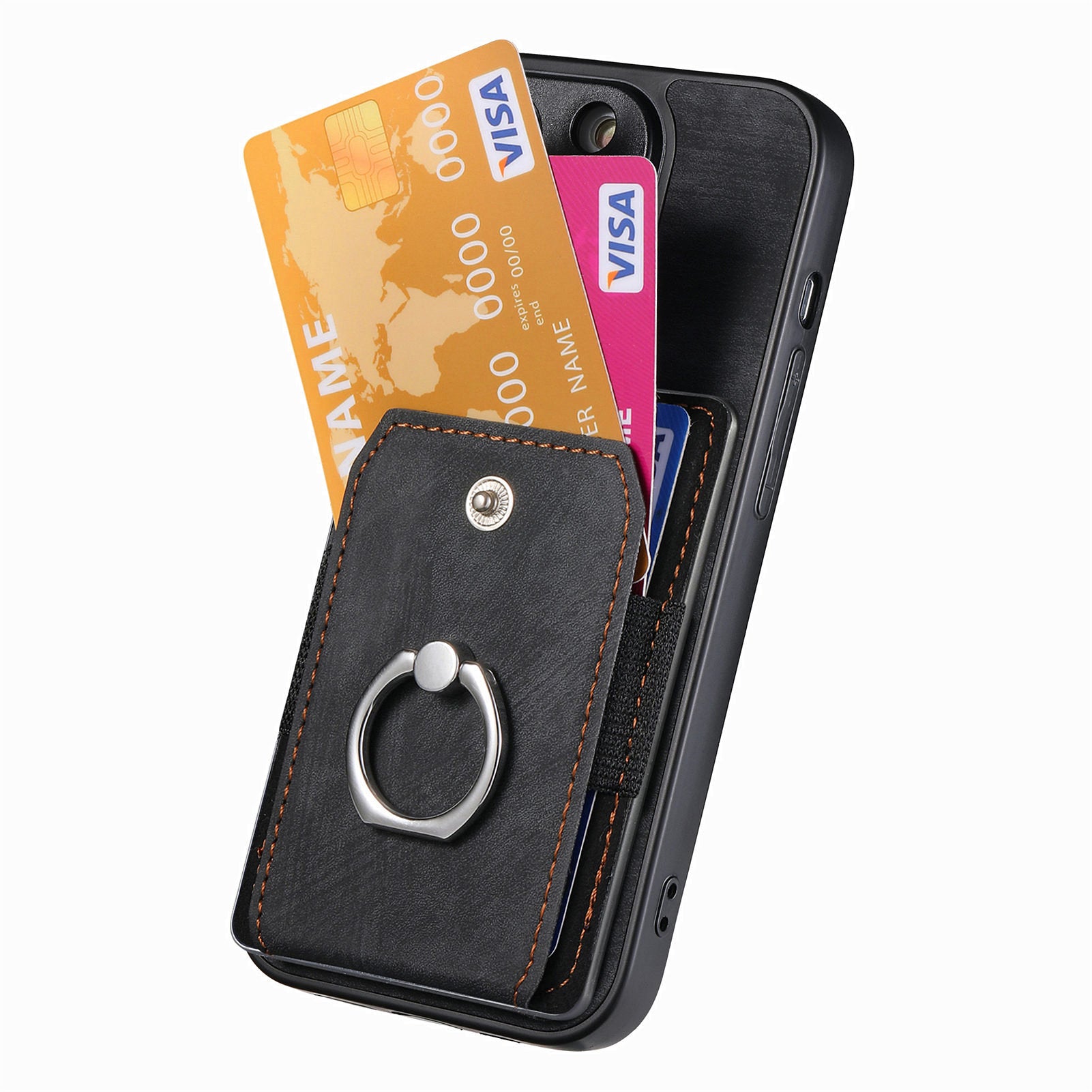 D2 For iPhone 15 Case with Card Holder Rotation Ring Kickstand Leather Back Cover
