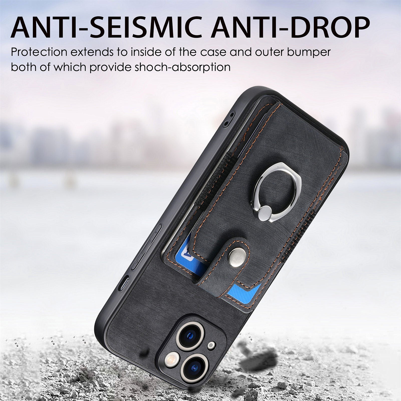 D2 For iPhone 15 Case with Card Holder Rotation Ring Kickstand Leather Back Cover