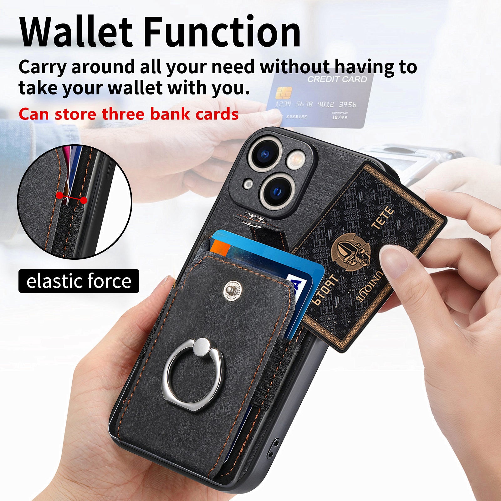 D2 For iPhone 15 Case with Card Holder Rotation Ring Kickstand Leather Back Cover