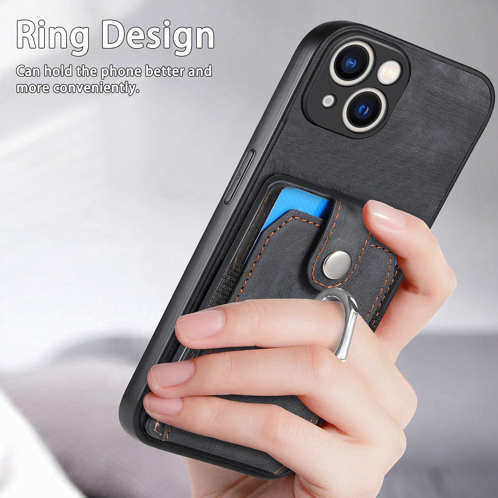 D2 For iPhone 15 Case with Card Holder Rotation Ring Kickstand Leather Back Cover