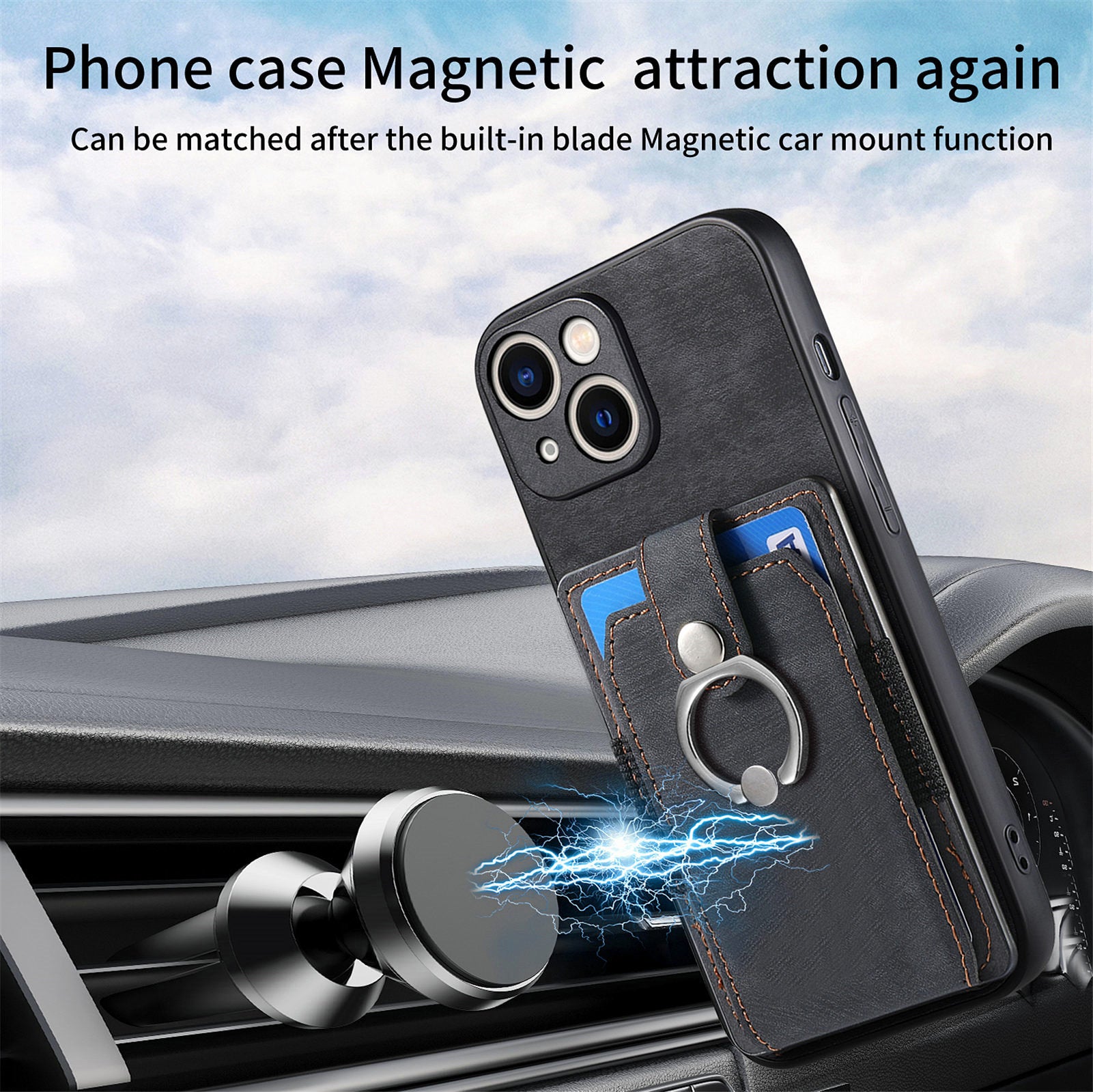 D2 For iPhone 15 Case with Card Holder Rotation Ring Kickstand Leather Back Cover