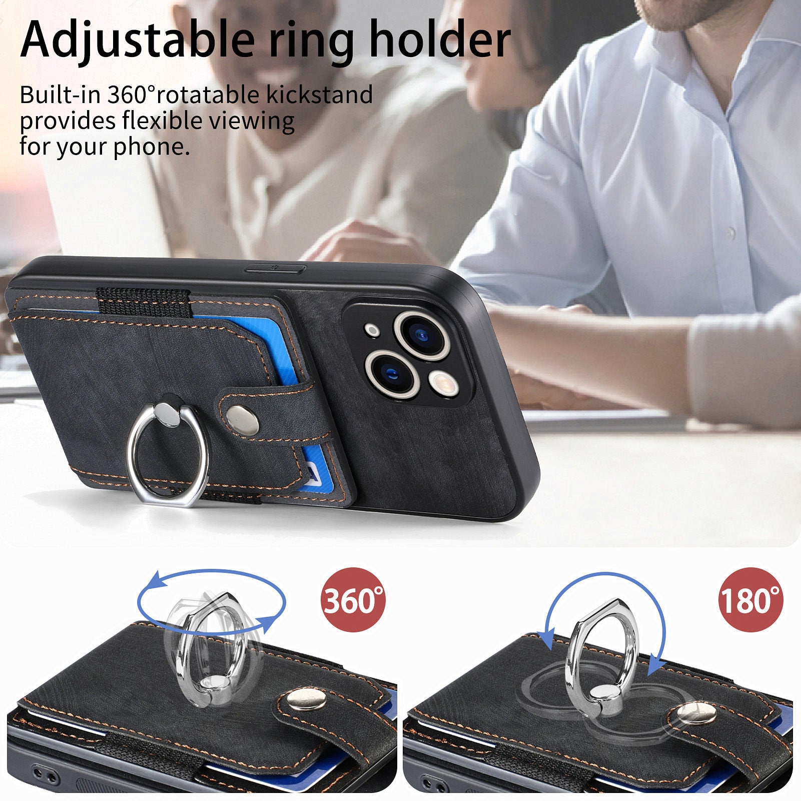 D2 For iPhone 15 Case with Card Holder Rotation Ring Kickstand Leather Back Cover