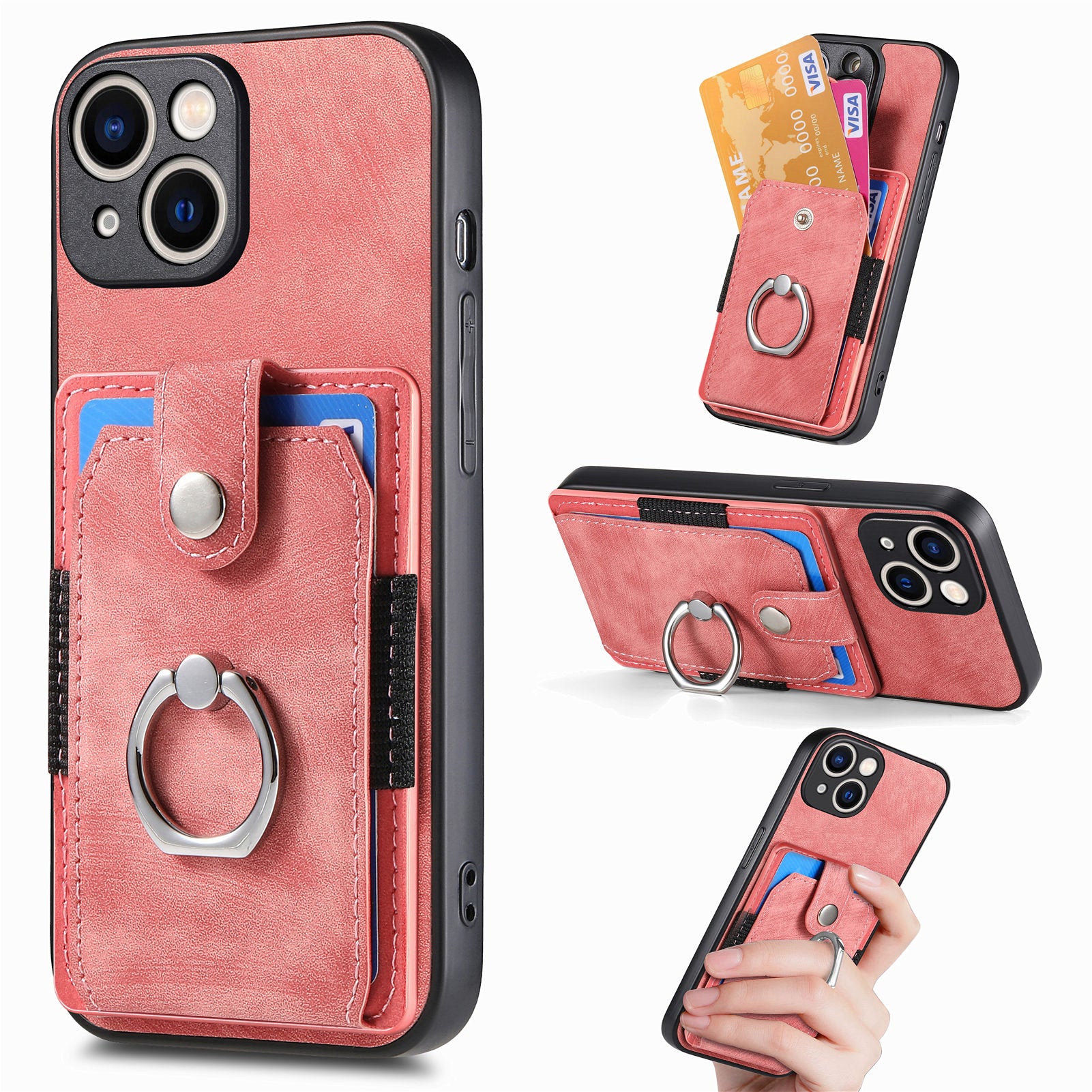 D2 For iPhone 15 Case with Card Holder Rotation Ring Kickstand Leather Back Cover