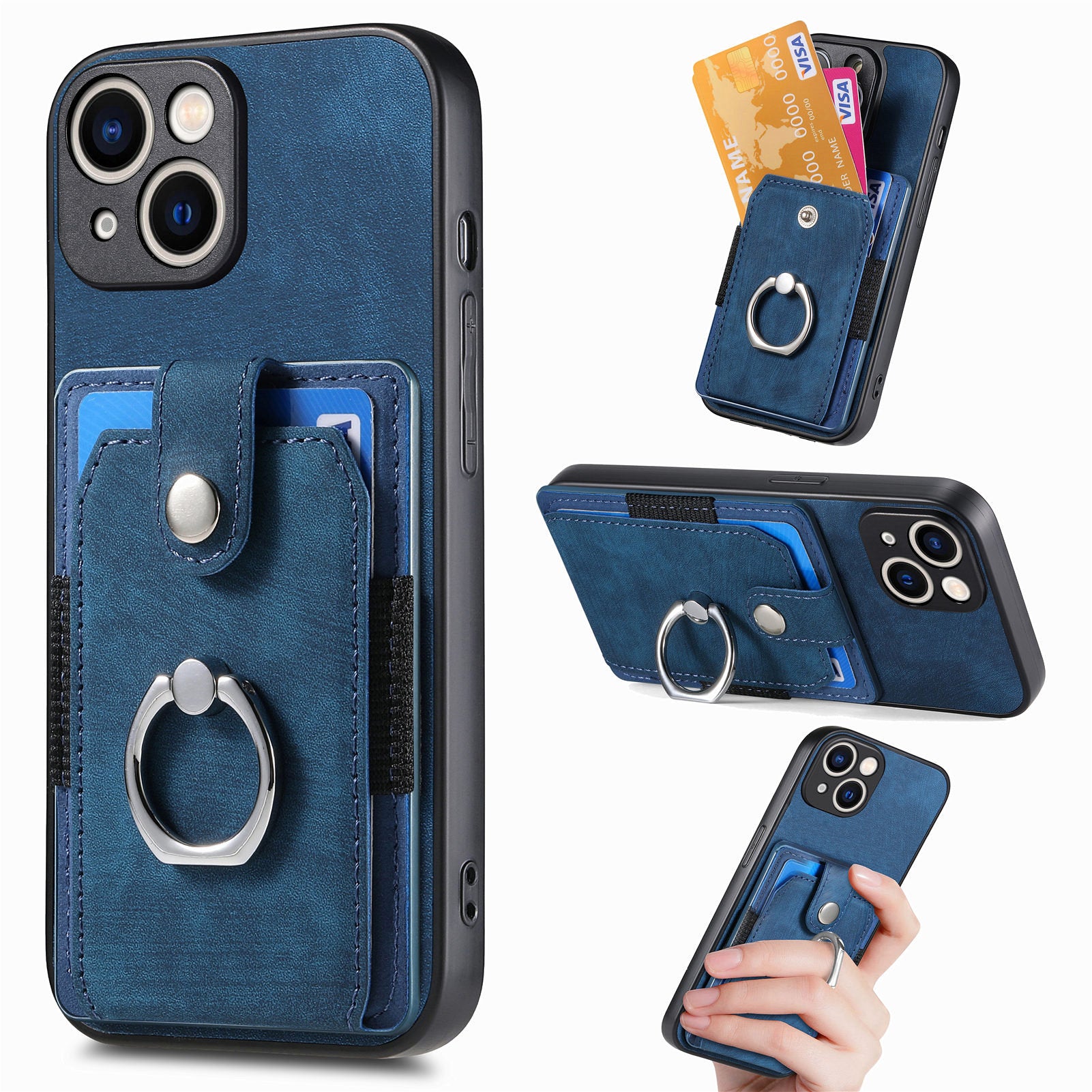D2 For iPhone 15 Case with Card Holder Rotation Ring Kickstand Leather Back Cover