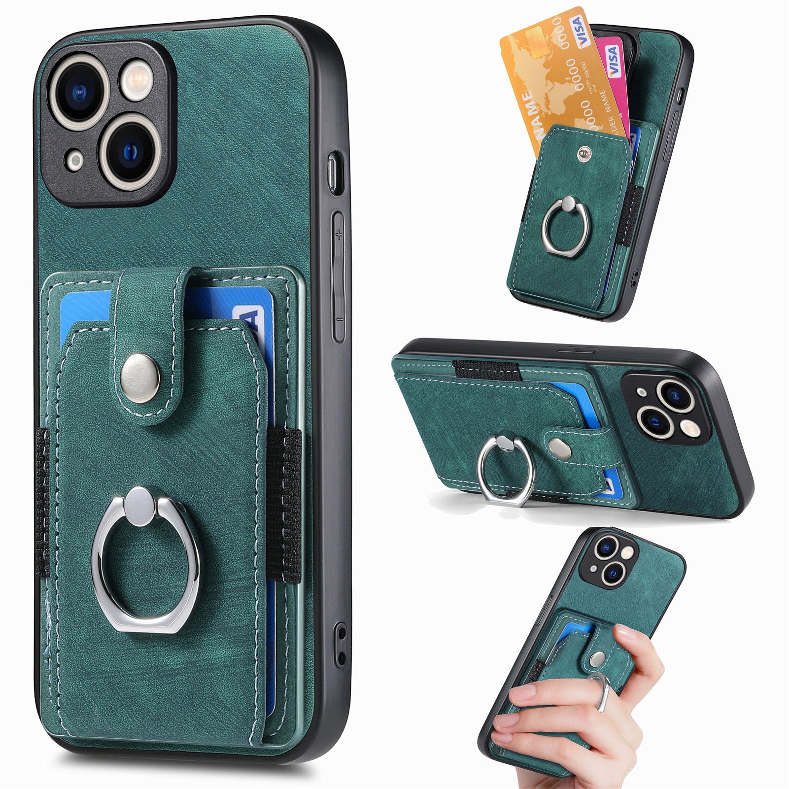 D2 For iPhone 15 Case with Card Holder Rotation Ring Kickstand Leather Back Cover