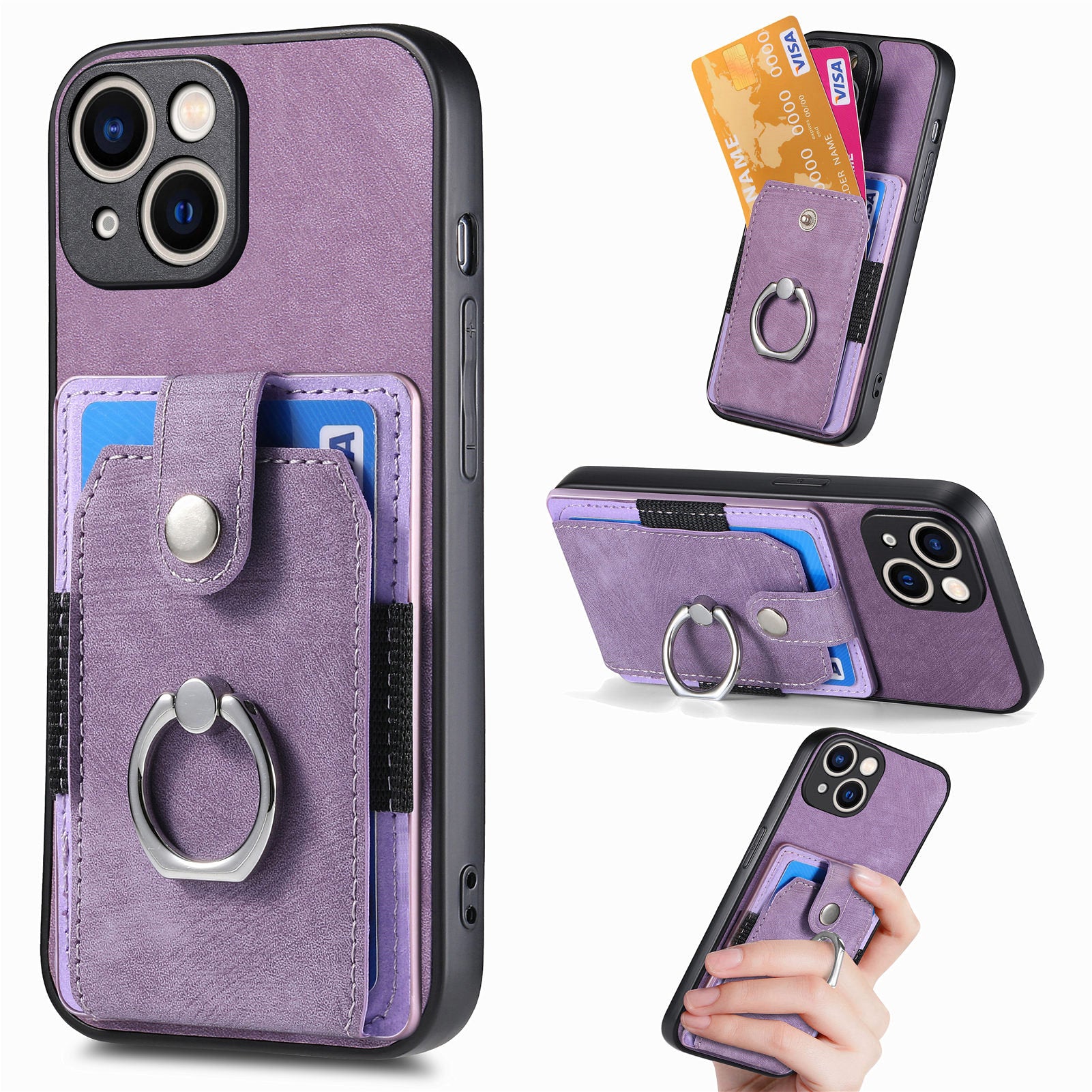 D2 For iPhone 15 Case with Card Holder Rotation Ring Kickstand Leather Back Cover
