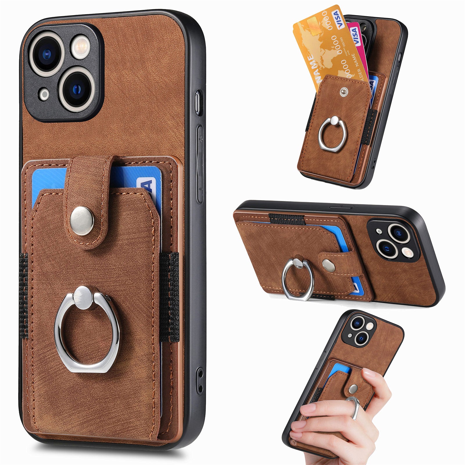 D2 For iPhone 15 Case with Card Holder Rotation Ring Kickstand Leather Back Cover