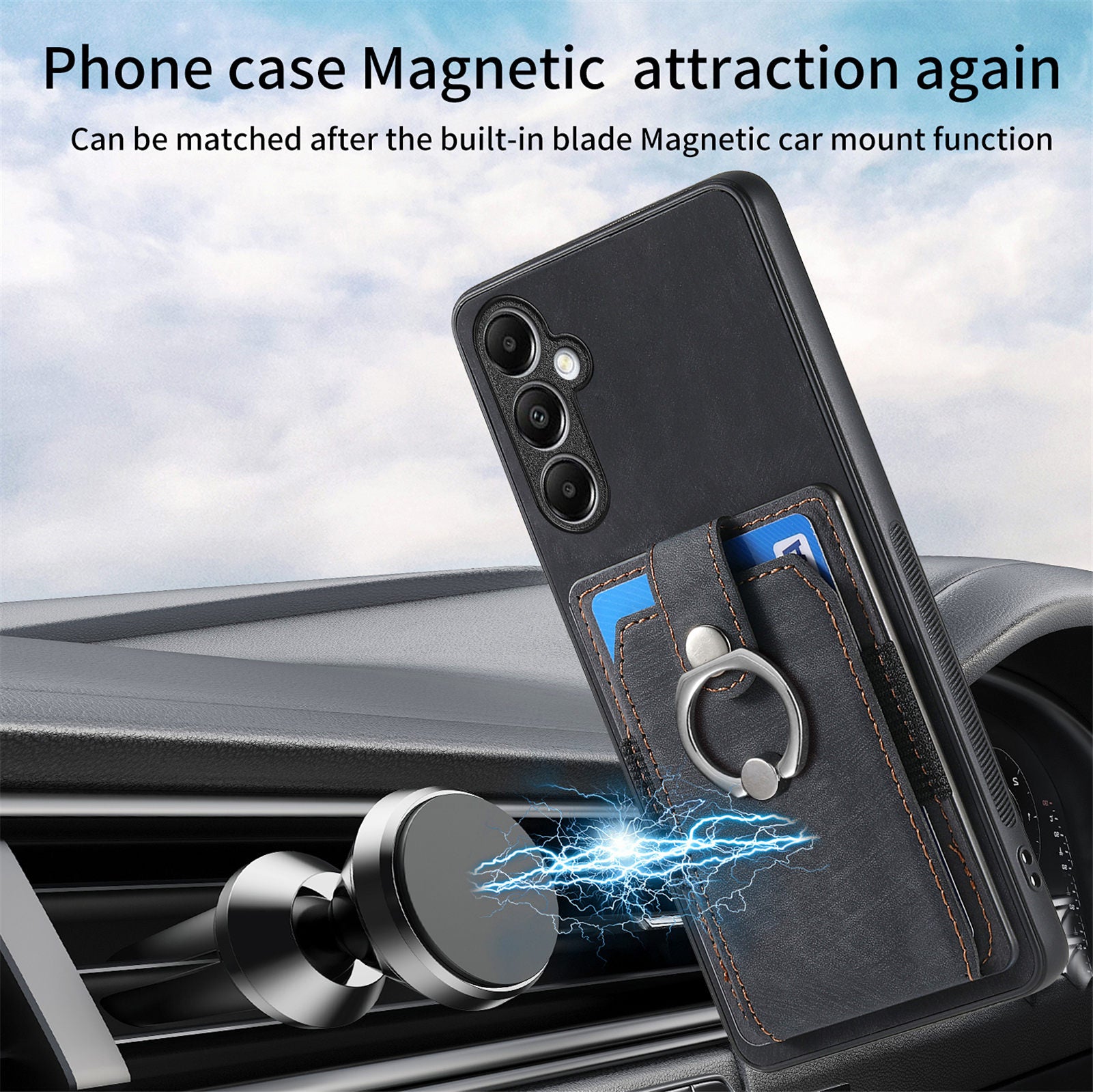 D2 For Samsung Galaxy S23 FE Mobile Phone Case PU Leather+TPU Cover with Ring Holder+Card Holder
