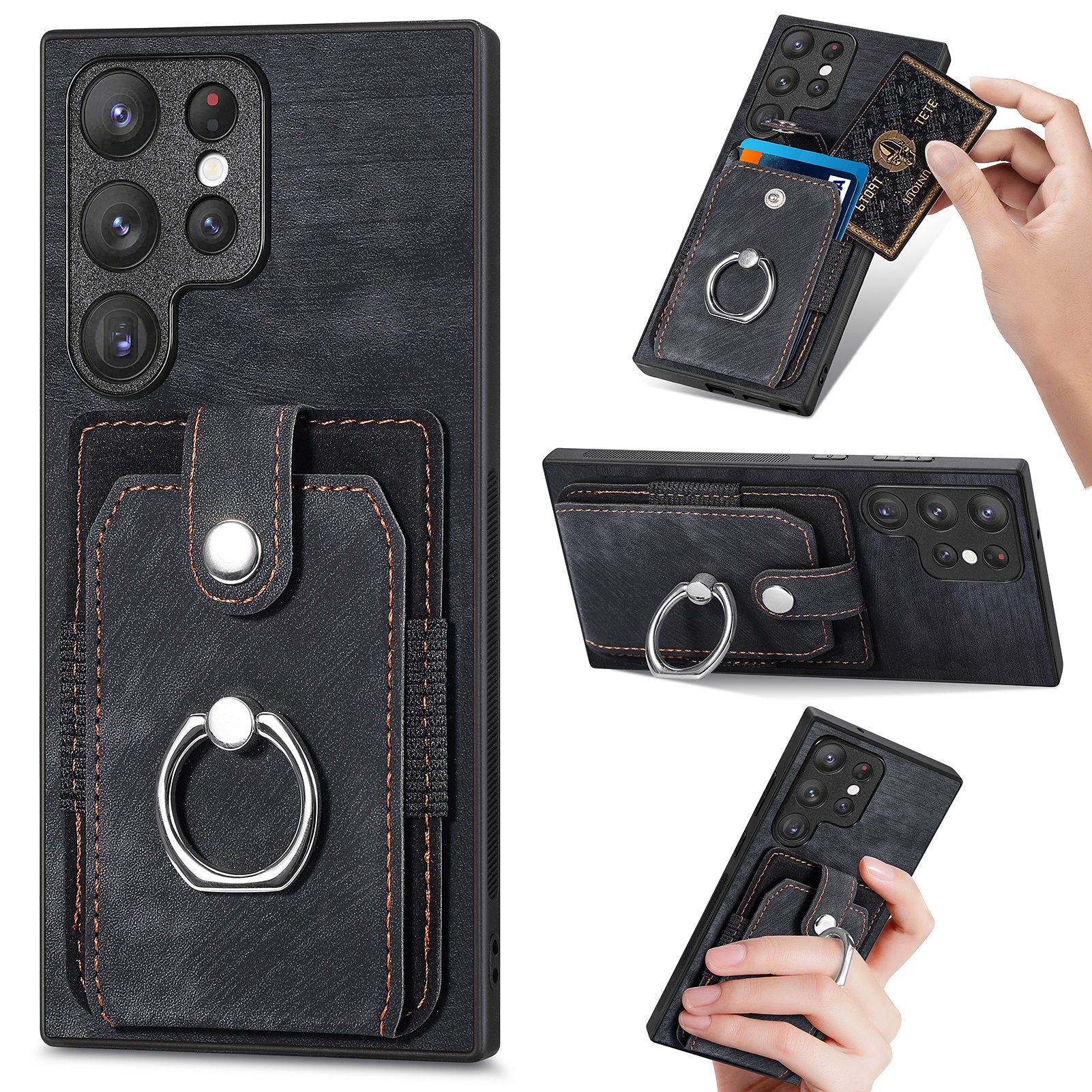 D2 For Samsung Galaxy S23 Ultra Elastic Card Holder Ring Kickstand Leather+TPU Phone Cover