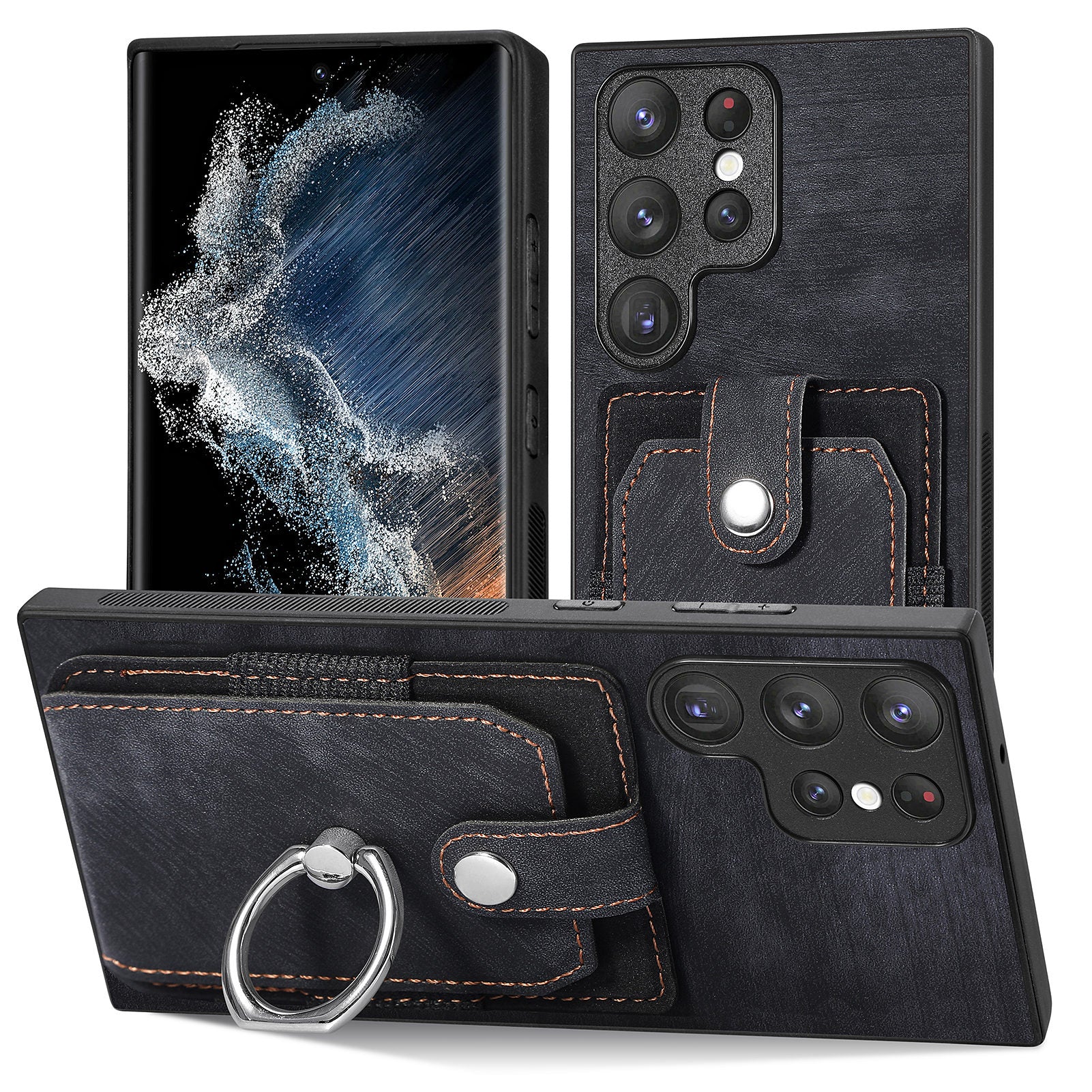 D2 For Samsung Galaxy S23 Ultra Elastic Card Holder Ring Kickstand Leather+TPU Phone Cover