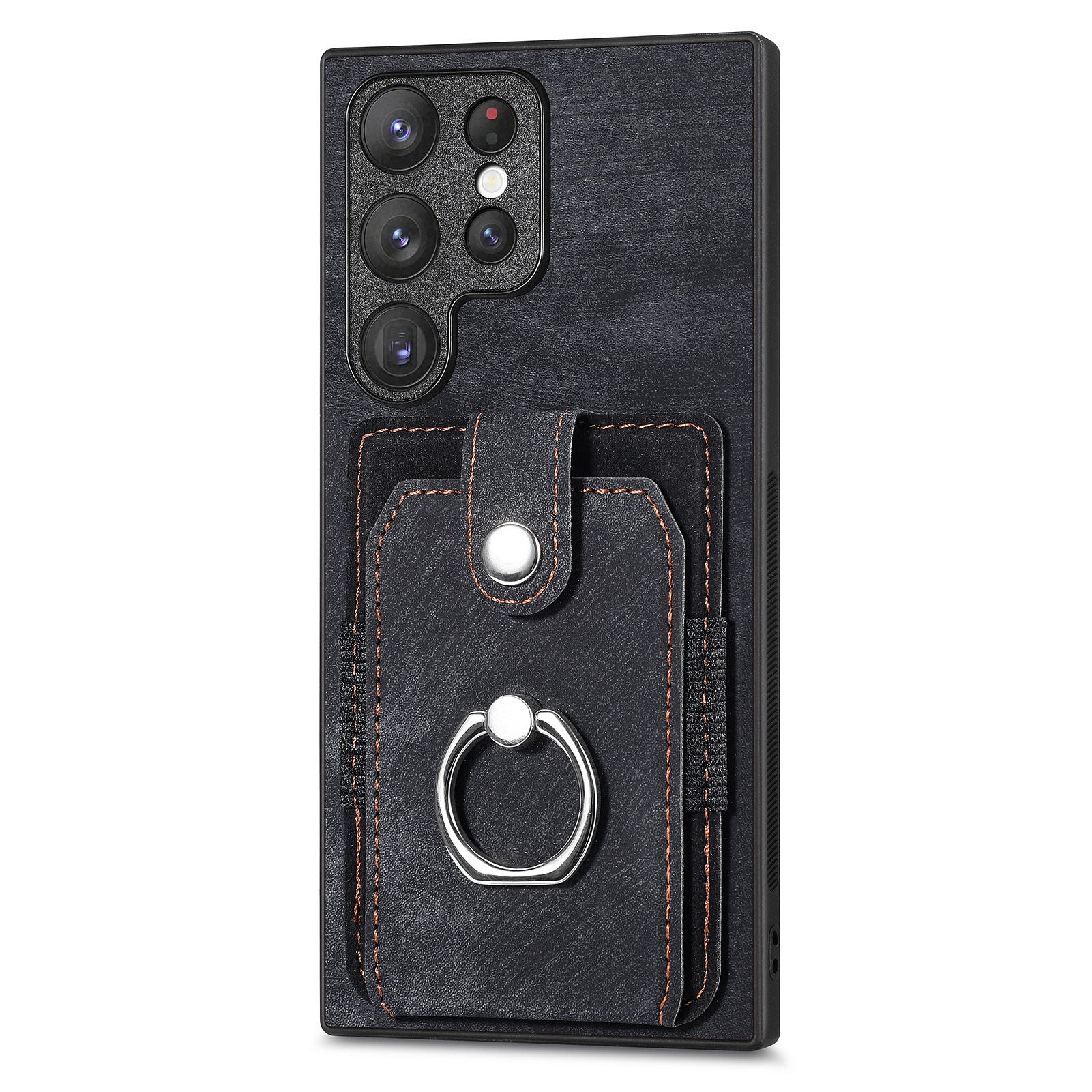 D2 For Samsung Galaxy S23 Ultra Elastic Card Holder Ring Kickstand Leather+TPU Phone Cover