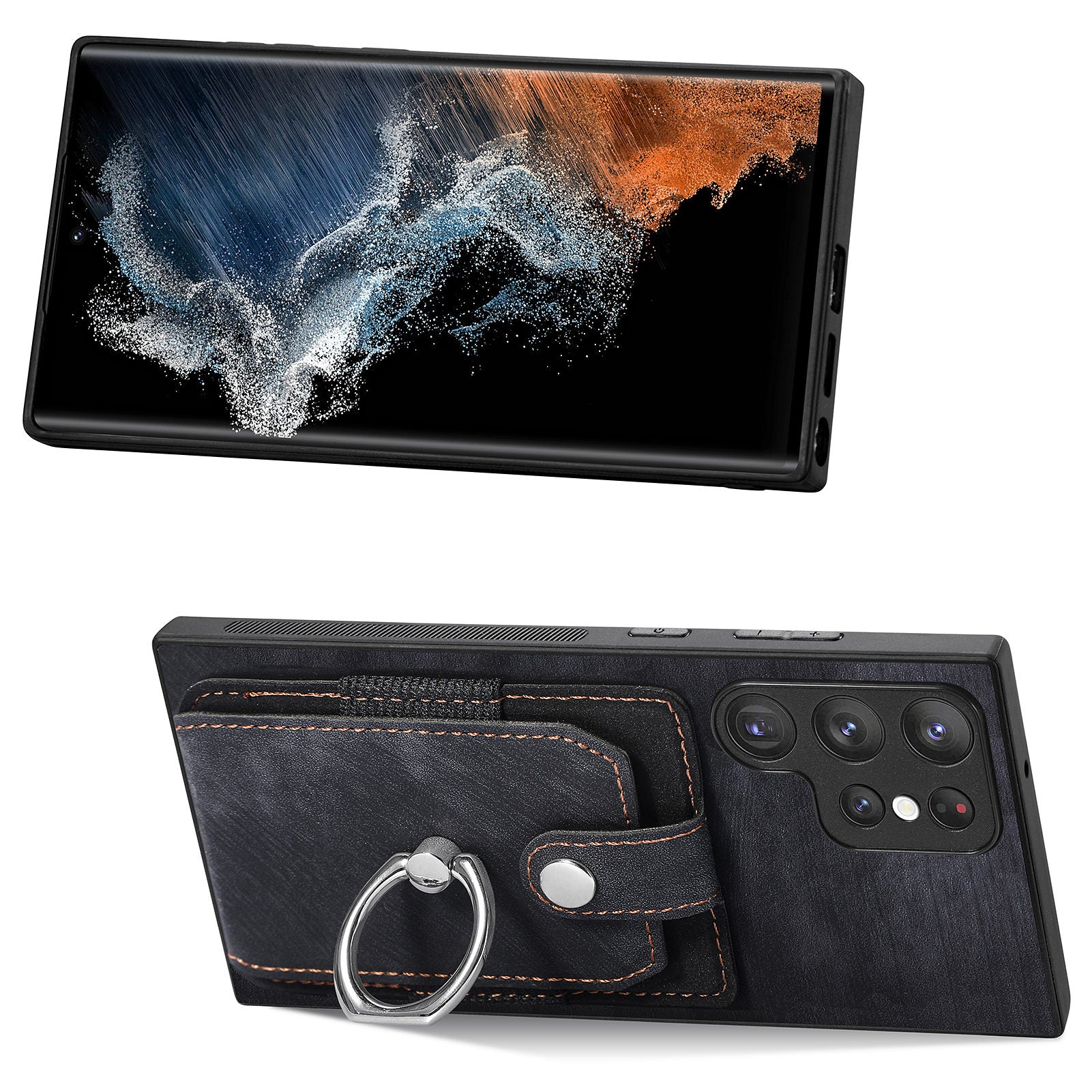 D2 For Samsung Galaxy S23 Ultra Elastic Card Holder Ring Kickstand Leather+TPU Phone Cover