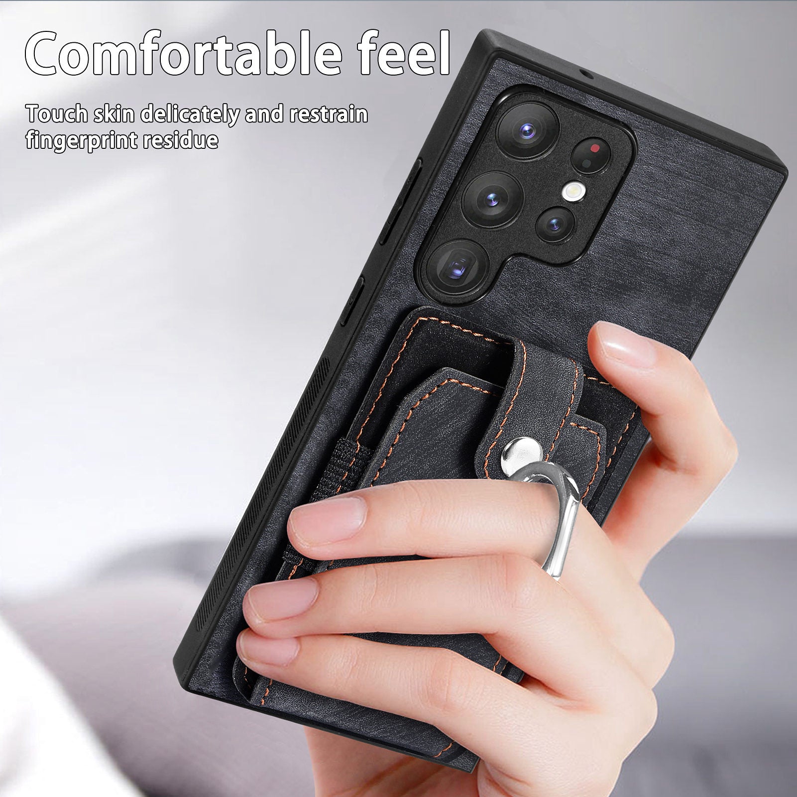 D2 For Samsung Galaxy S23 Ultra Elastic Card Holder Ring Kickstand Leather+TPU Phone Cover