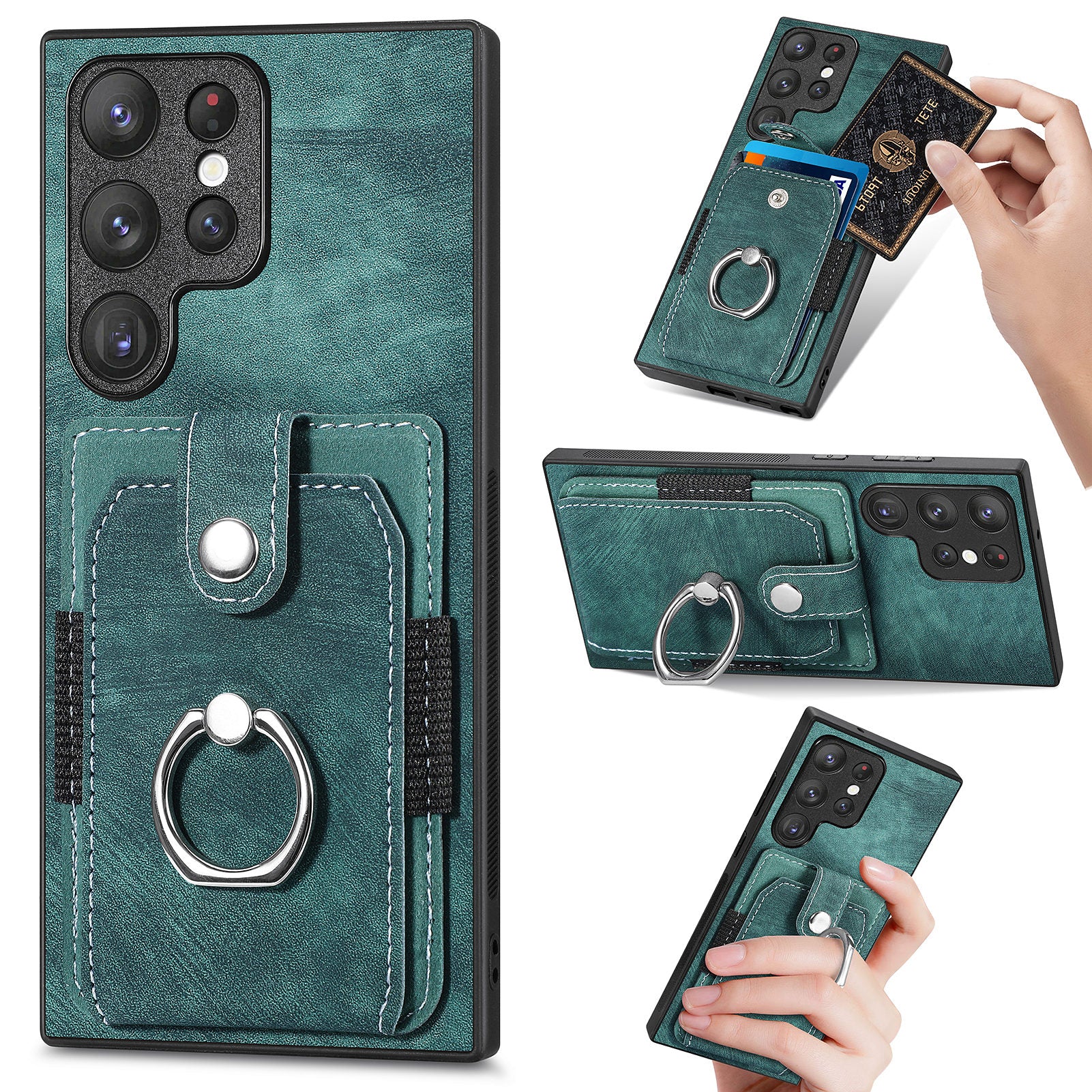 D2 For Samsung Galaxy S23 Ultra Elastic Card Holder Ring Kickstand Leather+TPU Phone Cover