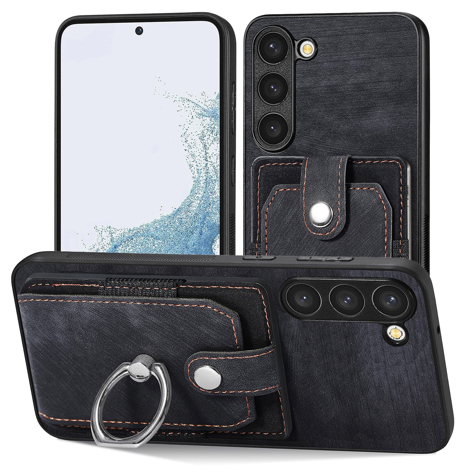 D2 For Samsung Galaxy S23 Case Ring Kickstand Leather+TPU Phone Cover with Card Holder