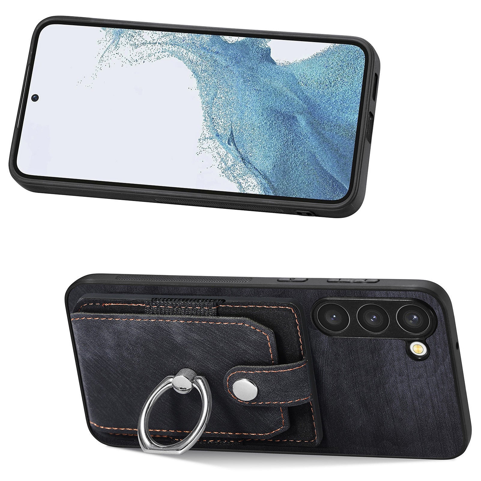 D2 For Samsung Galaxy S23 Case Ring Kickstand Leather+TPU Phone Cover with Card Holder