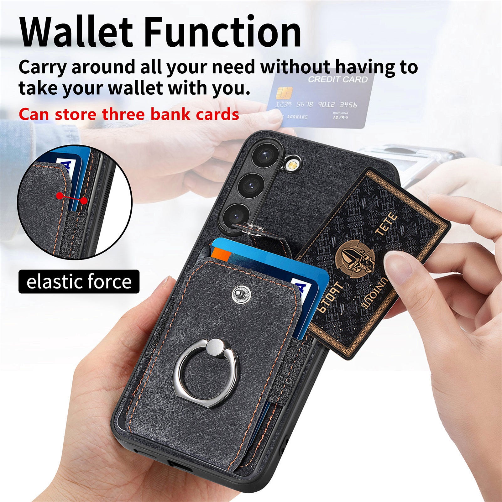 D2 For Samsung Galaxy S23 Case Ring Kickstand Leather+TPU Phone Cover with Card Holder