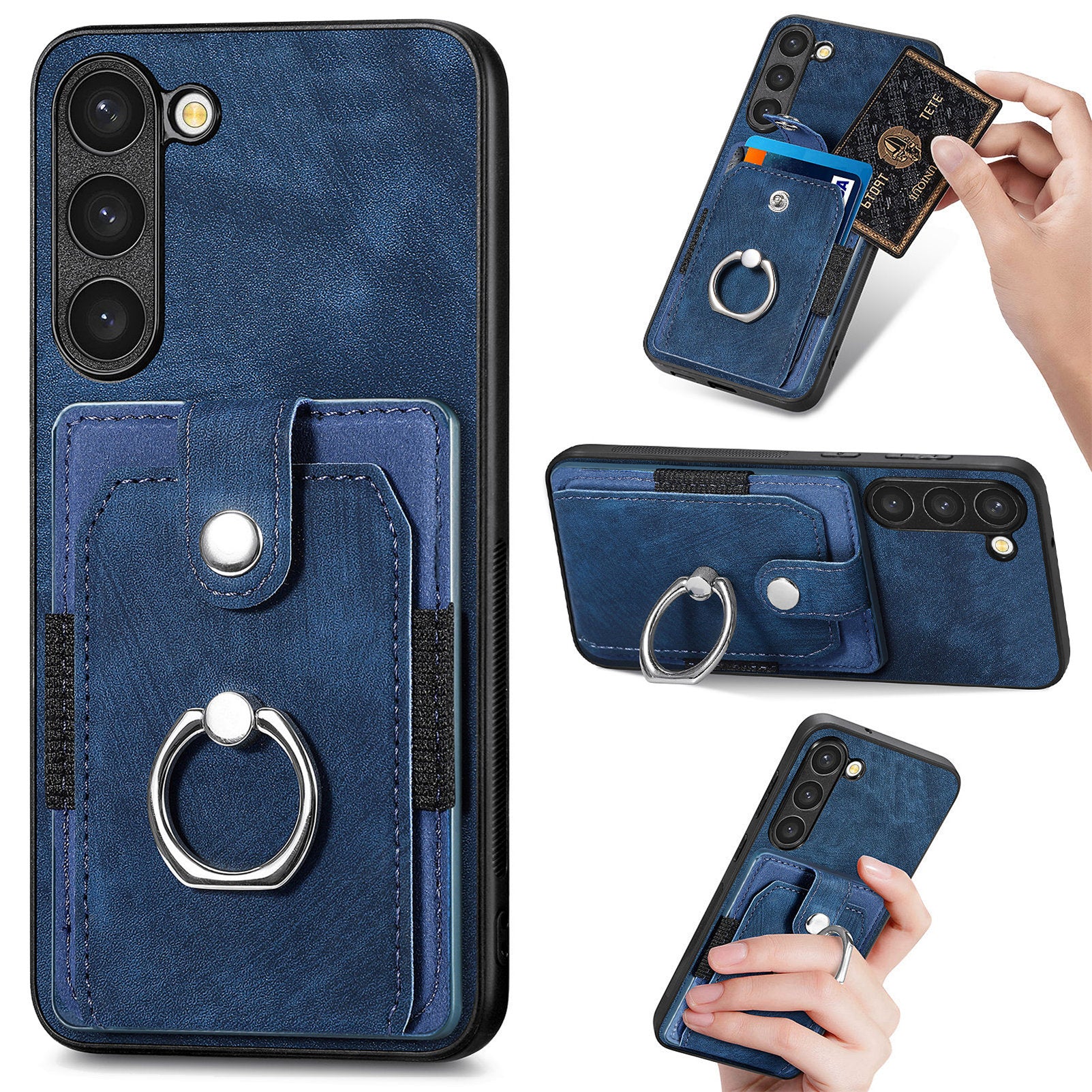 D2 For Samsung Galaxy S23 Case Ring Kickstand Leather+TPU Phone Cover with Card Holder