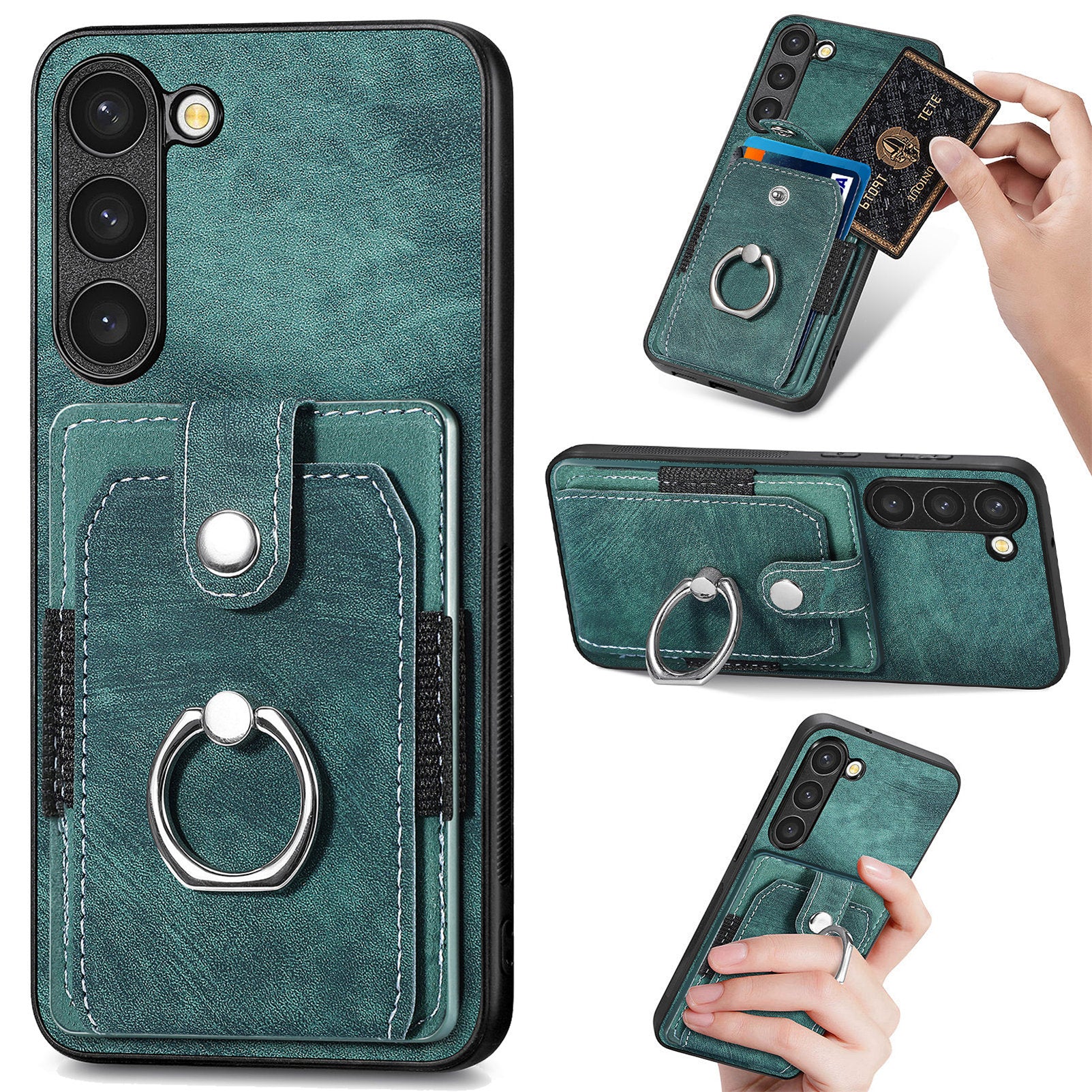 D2 For Samsung Galaxy S23 Case Ring Kickstand Leather+TPU Phone Cover with Card Holder