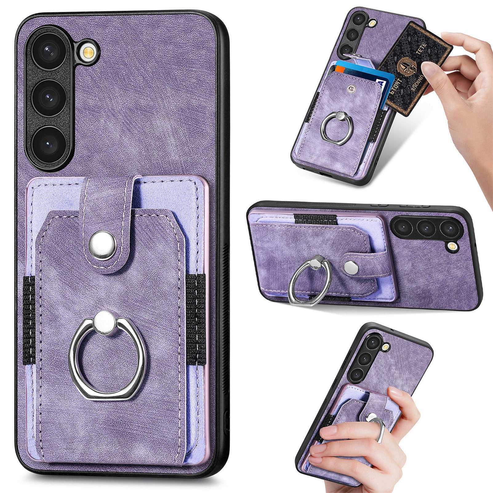 D2 For Samsung Galaxy S23 Case Ring Kickstand Leather+TPU Phone Cover with Card Holder