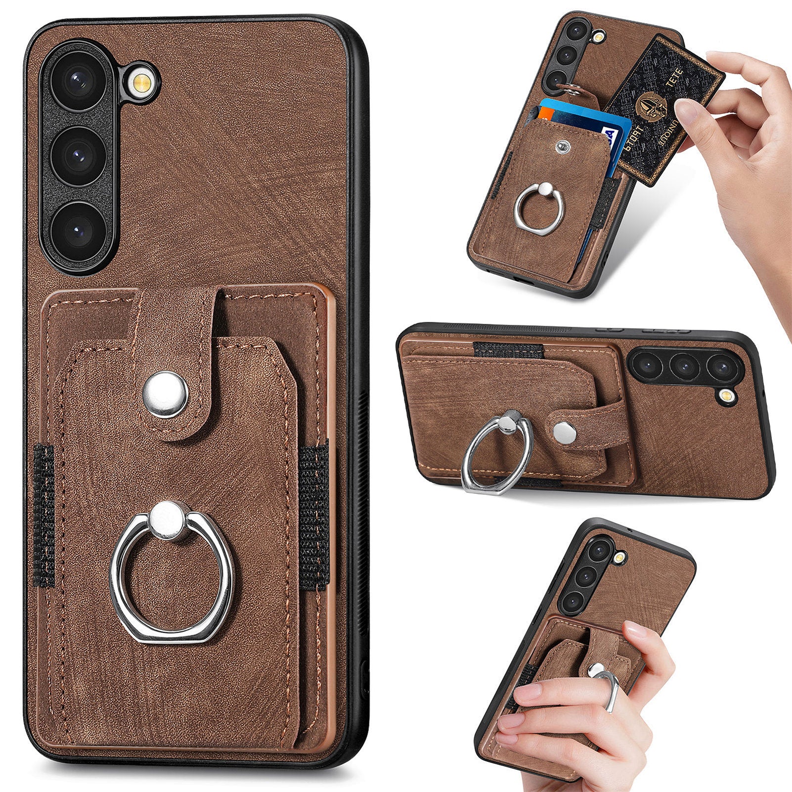 D2 For Samsung Galaxy S23 Case Ring Kickstand Leather+TPU Phone Cover with Card Holder