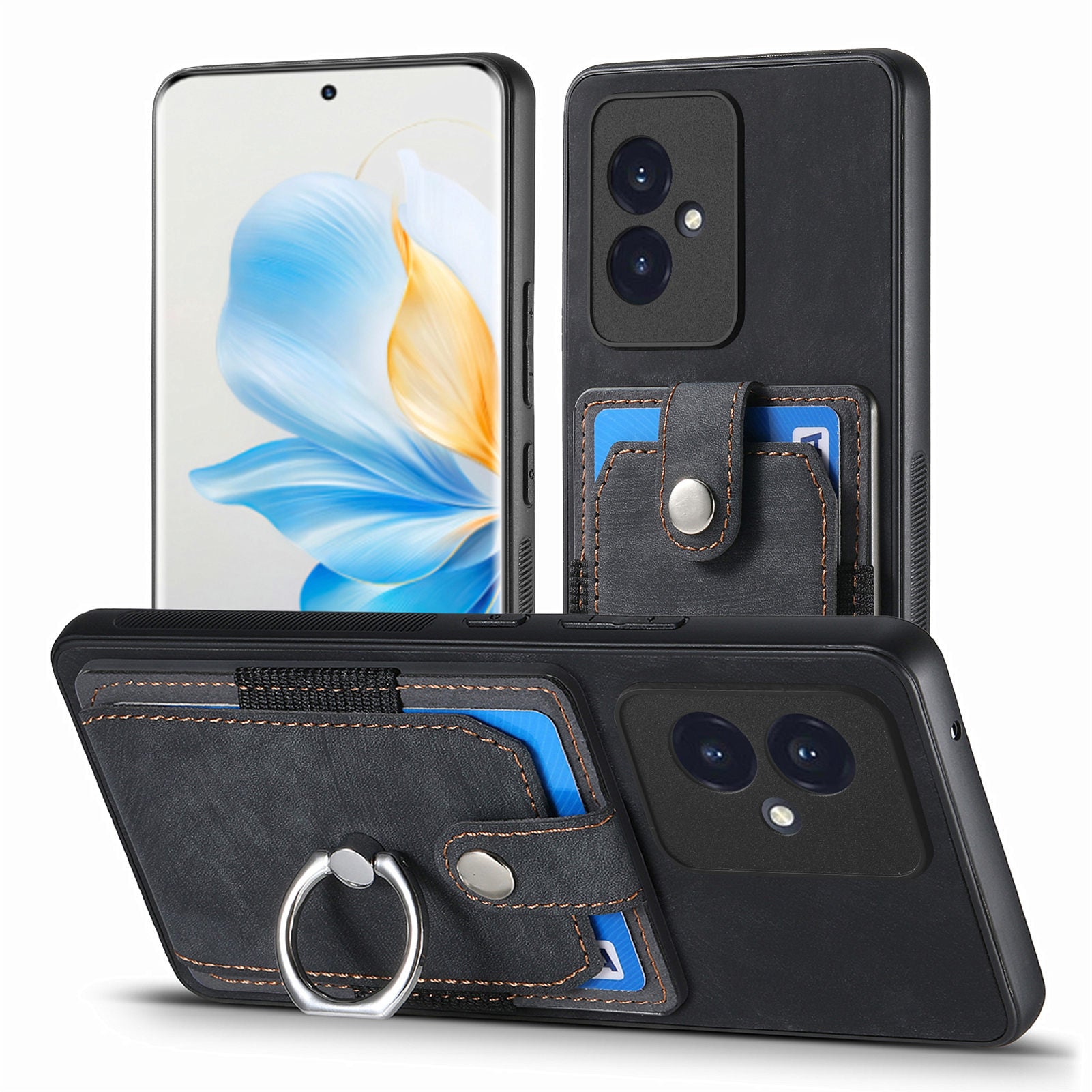D2 Phone Cover for Honor 100 5G PU Leather+TPU Card Holder Phone Case with Kickstand