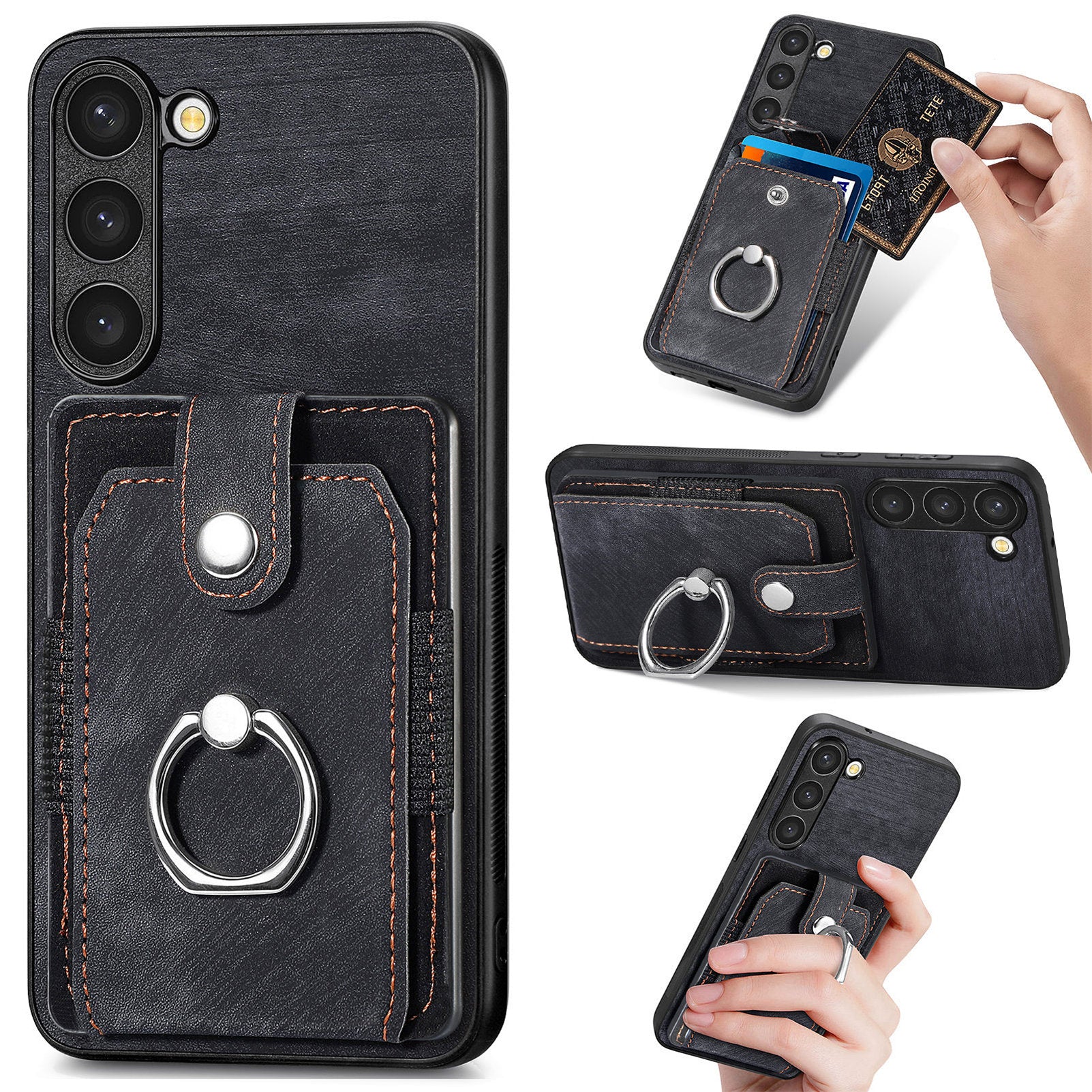 D2 For Samsung Galaxy S23+ Case Ring Kickstand Elastic Card Holder Leather+TPU Phone Cover