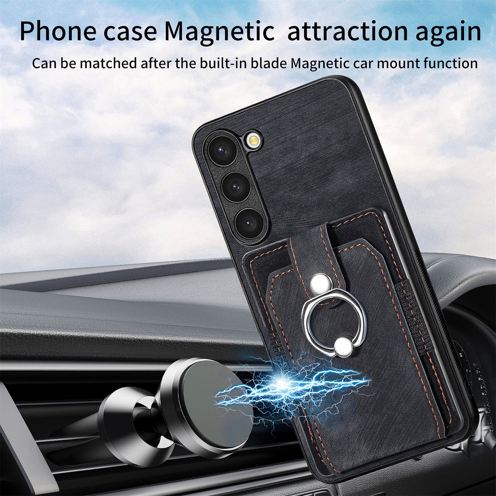 D2 For Samsung Galaxy S23+ Case Ring Kickstand Elastic Card Holder Leather+TPU Phone Cover