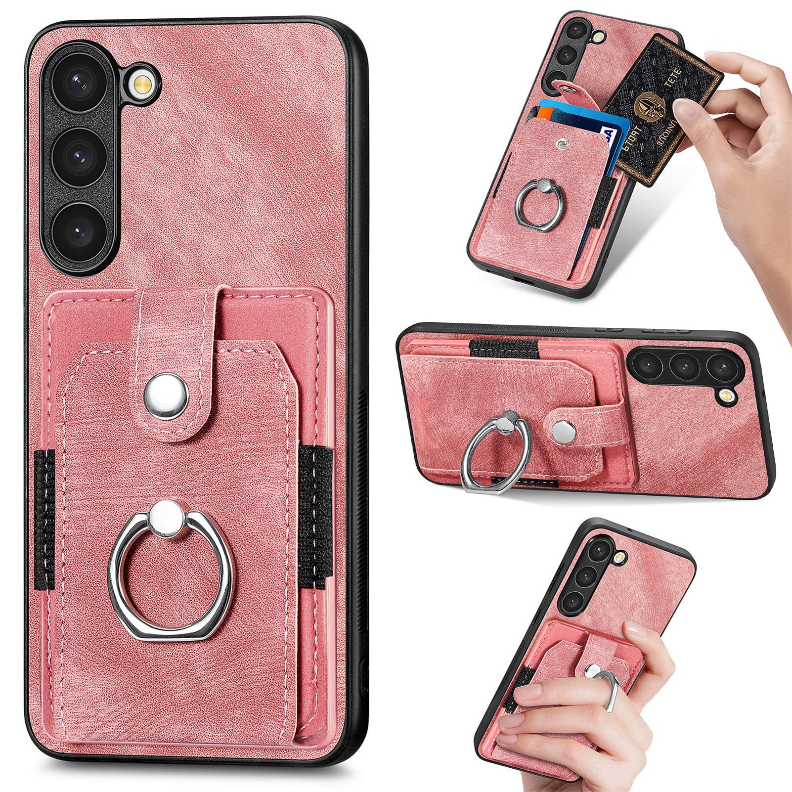 D2 For Samsung Galaxy S23+ Case Ring Kickstand Elastic Card Holder Leather+TPU Phone Cover