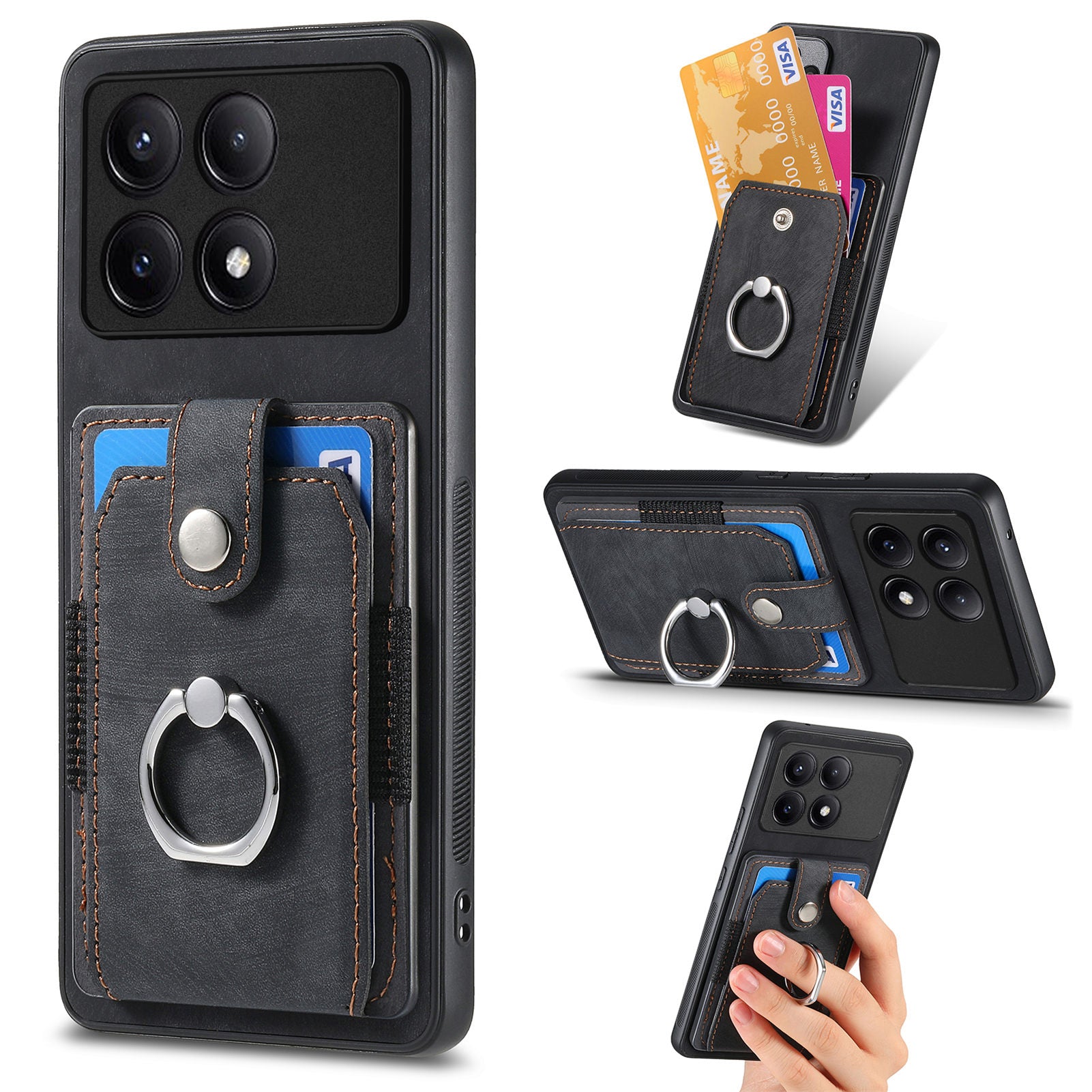 D2 For Xiaomi Redmi K70E 5G / Poco X6 Pro 5G Ring Holder Phone Case PU Leather+TPU Card Holder Phone Cover