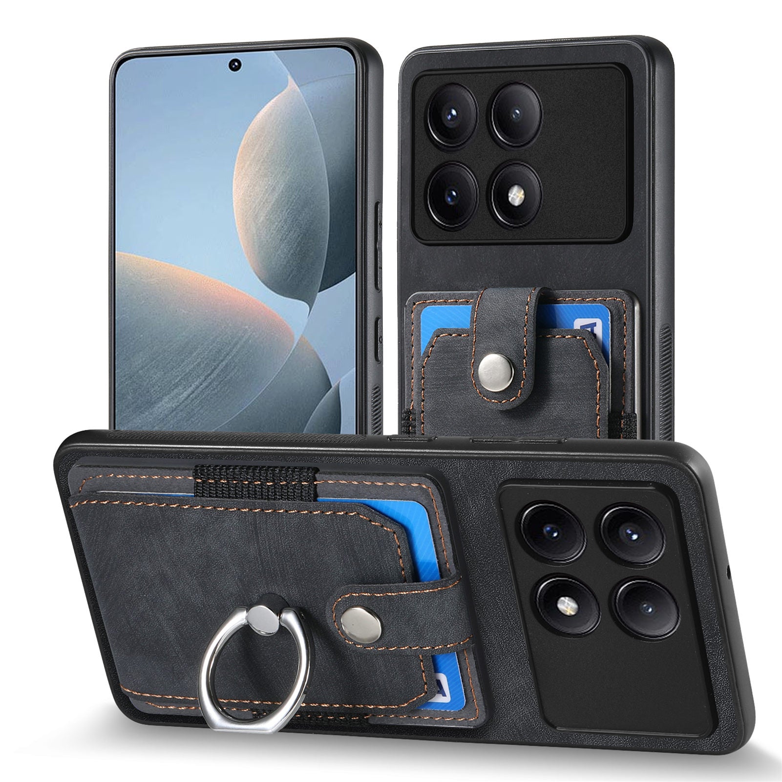 D2 For Xiaomi Redmi K70E 5G / Poco X6 Pro 5G Ring Holder Phone Case PU Leather+TPU Card Holder Phone Cover