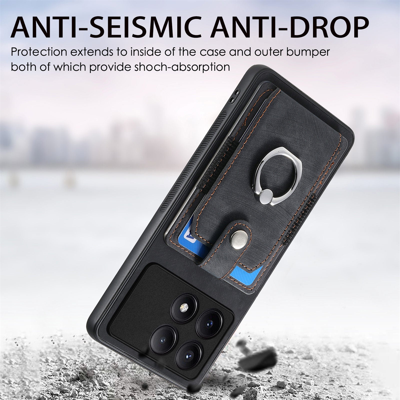 D2 For Xiaomi Redmi K70E 5G / Poco X6 Pro 5G Ring Holder Phone Case PU Leather+TPU Card Holder Phone Cover