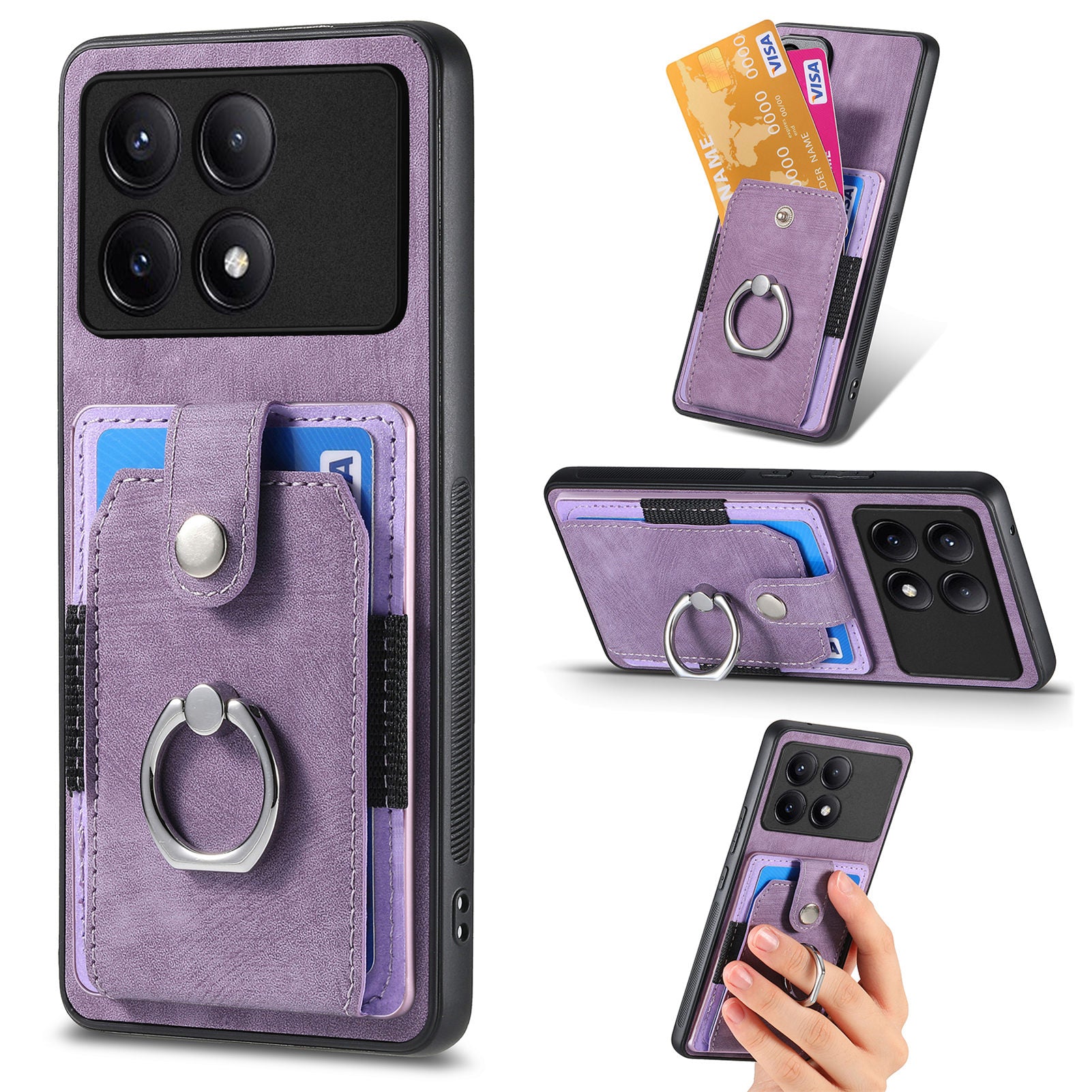 D2 For Xiaomi Redmi K70E 5G / Poco X6 Pro 5G Ring Holder Phone Case PU Leather+TPU Card Holder Phone Cover