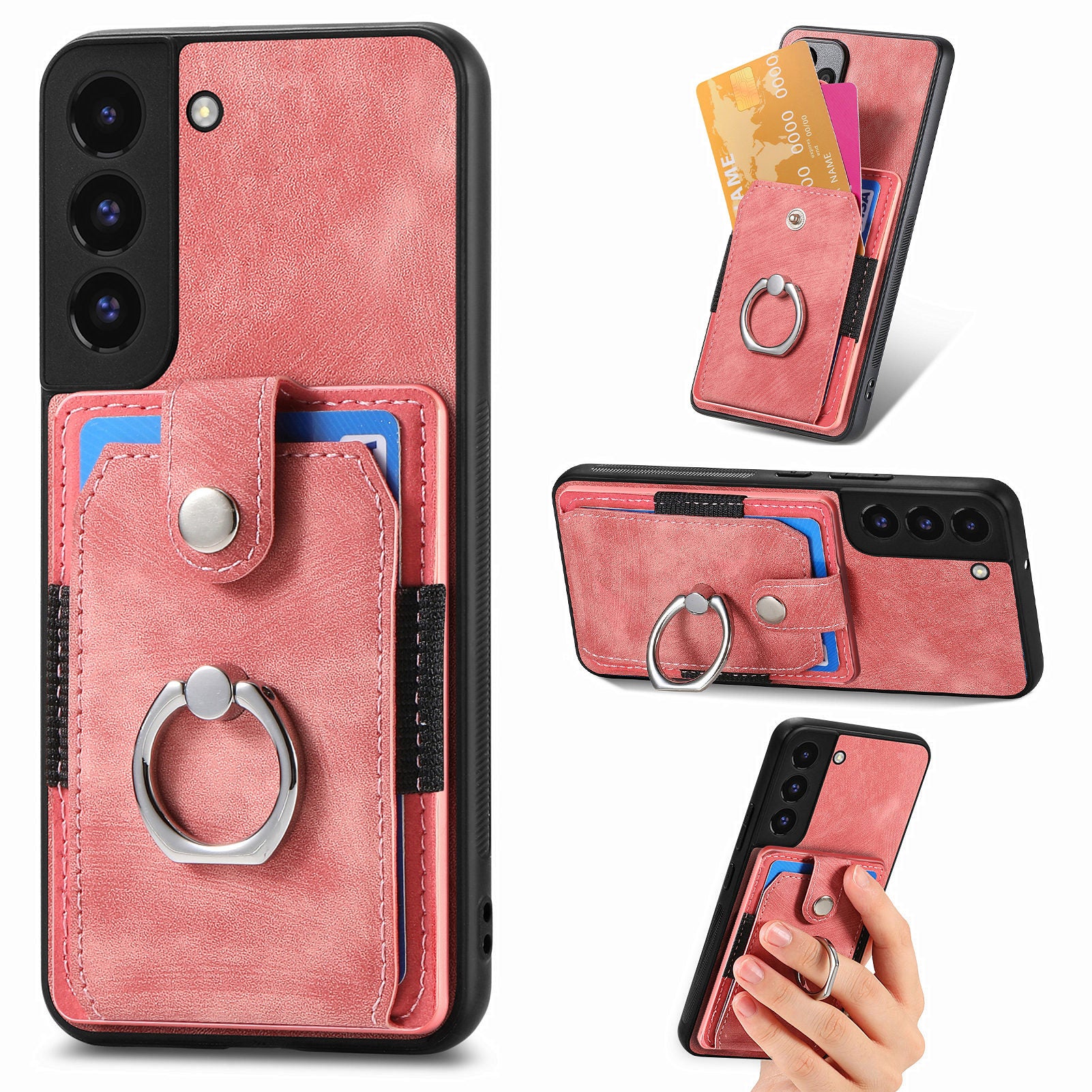 D2 For Samsung Galaxy S22 5G Cell Phone Case Ring Holder Kickstand Anti-fall Cover with Card Holder