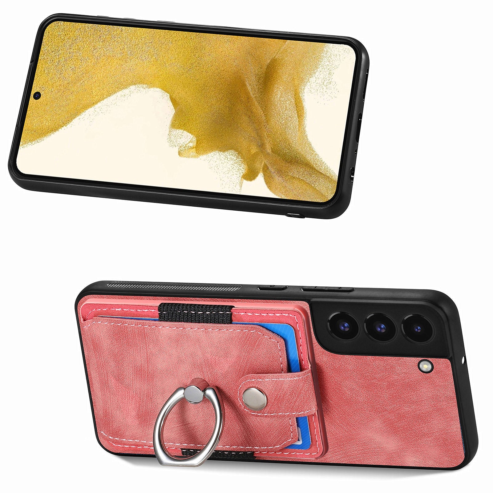 D2 For Samsung Galaxy S22 5G Cell Phone Case Ring Holder Kickstand Anti-fall Cover with Card Holder