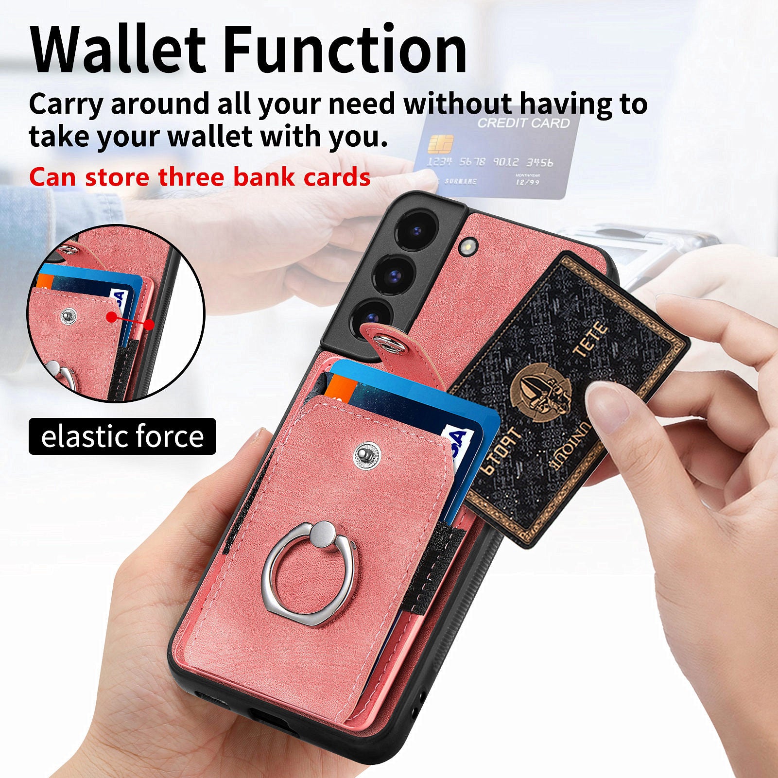 D2 For Samsung Galaxy S22 5G Cell Phone Case Ring Holder Kickstand Anti-fall Cover with Card Holder