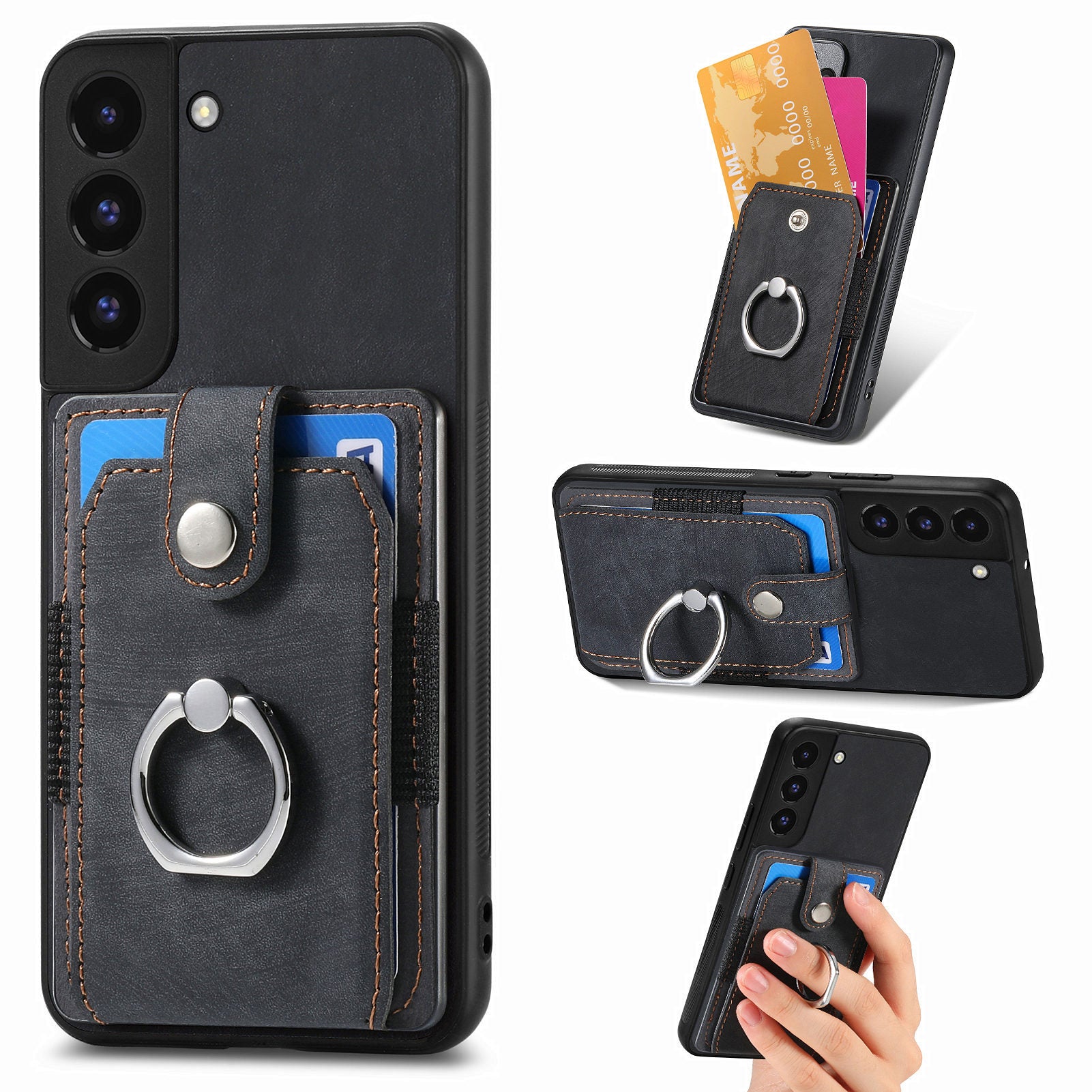 D2 For Samsung Galaxy S22 5G Cell Phone Case Ring Holder Kickstand Anti-fall Cover with Card Holder
