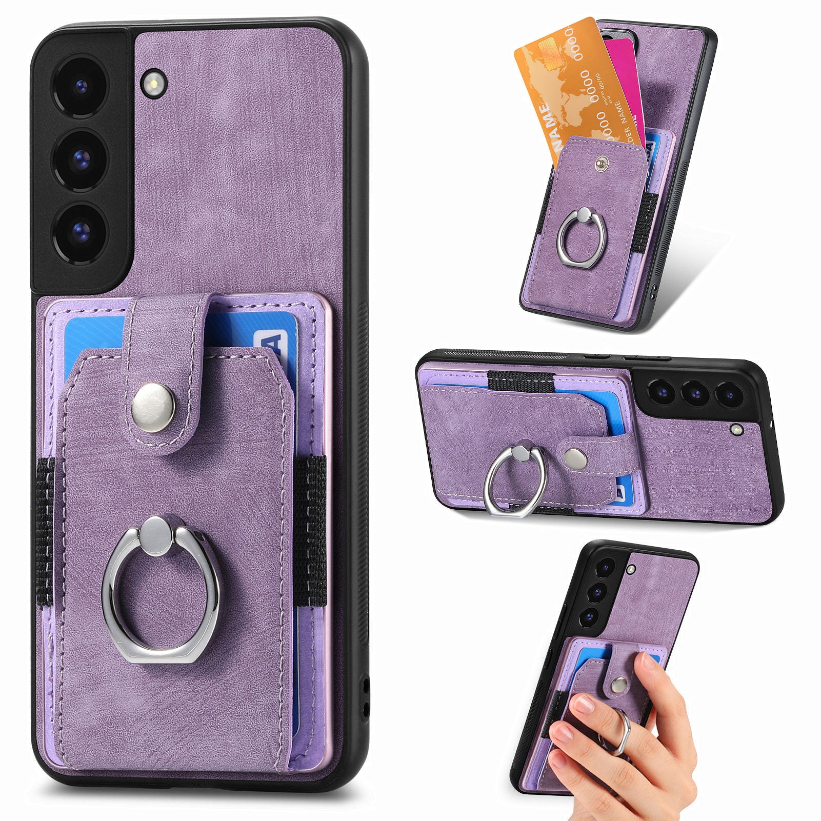 D2 For Samsung Galaxy S22 5G Cell Phone Case Ring Holder Kickstand Anti-fall Cover with Card Holder