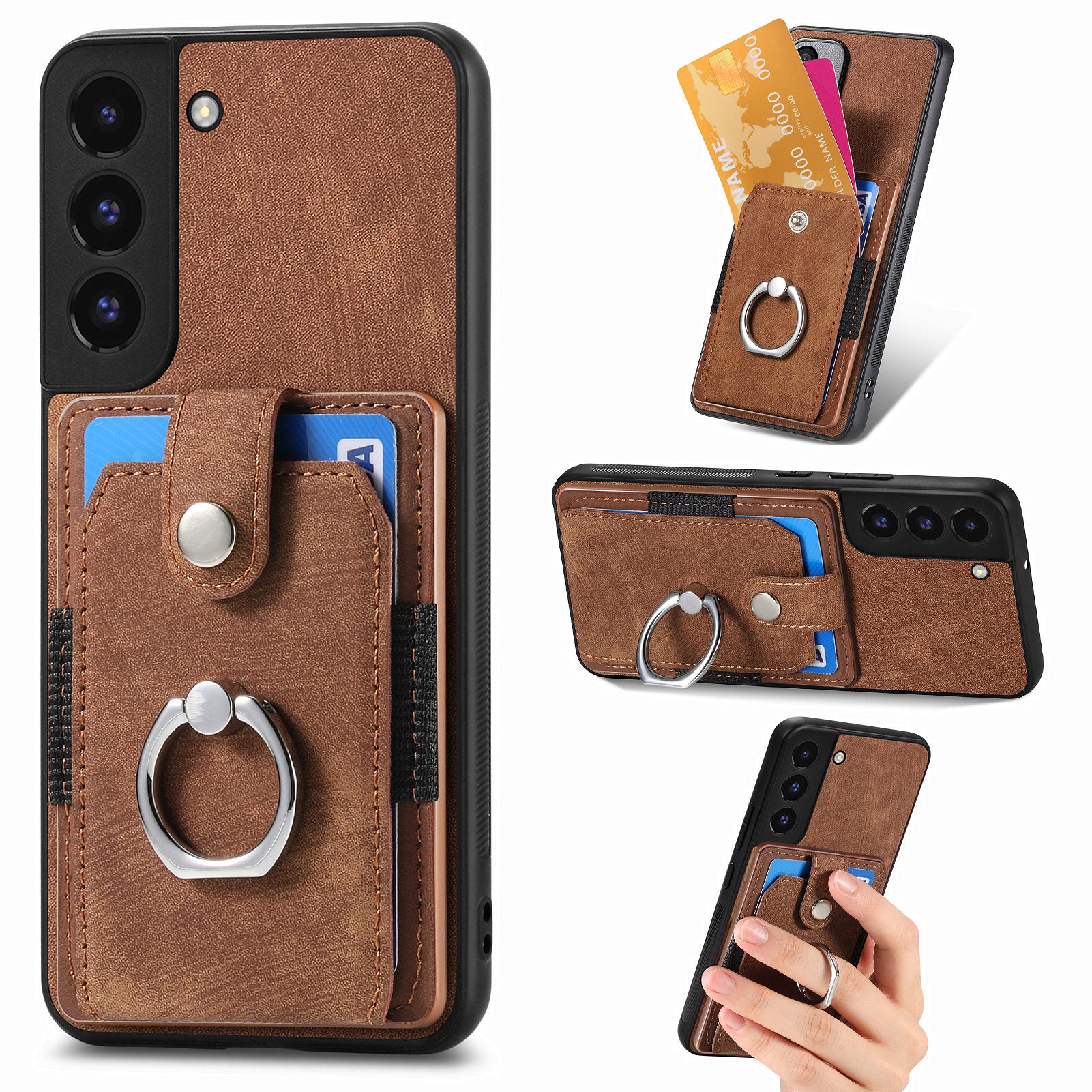 D2 For Samsung Galaxy S22 5G Cell Phone Case Ring Holder Kickstand Anti-fall Cover with Card Holder