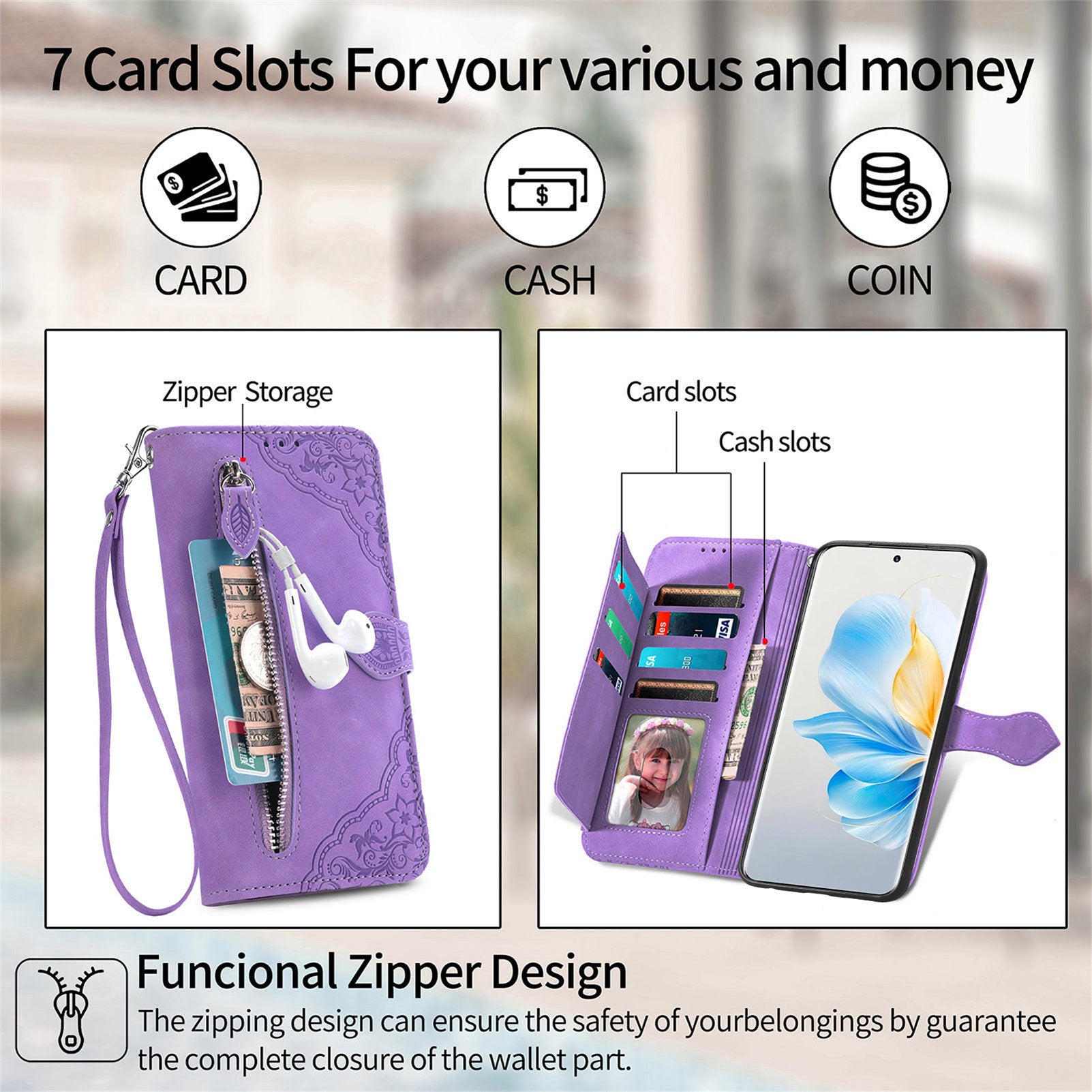 For Honor 100 Pro 5G Magnetic Case Zipper Wallet Flower Imprinted Mobile Phone Cover