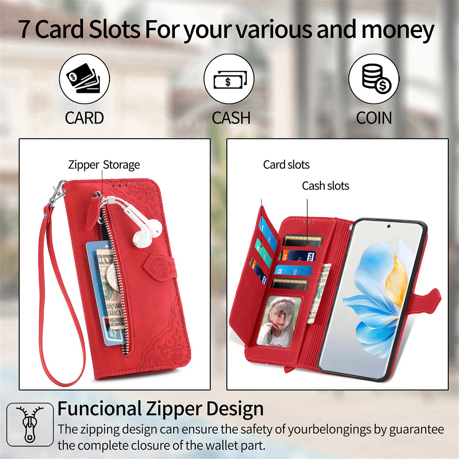 For Honor 100 Pro 5G Magnetic Case Zipper Wallet Flower Imprinted Mobile Phone Cover