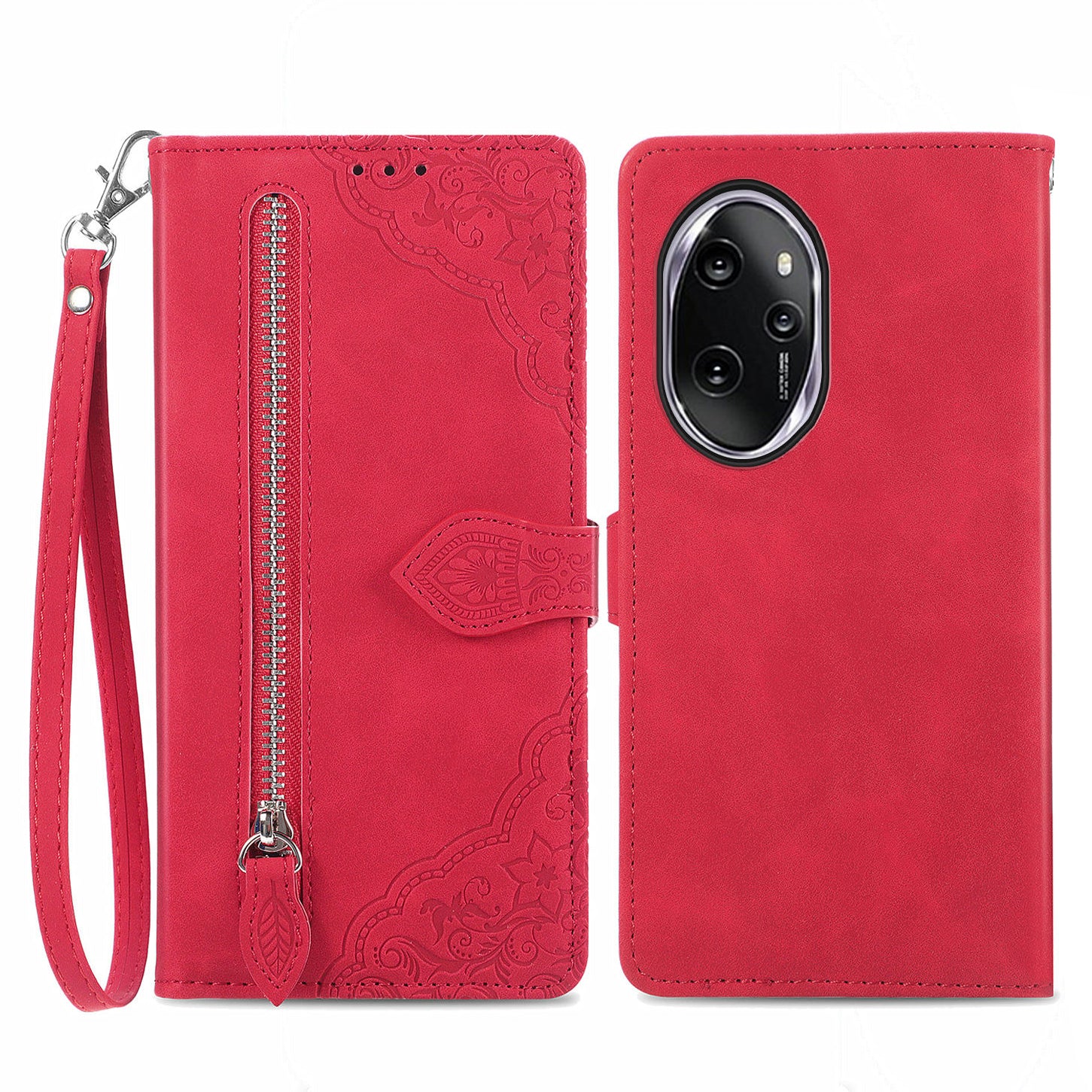 For Honor 100 Pro 5G Magnetic Case Zipper Wallet Flower Imprinted Mobile Phone Cover