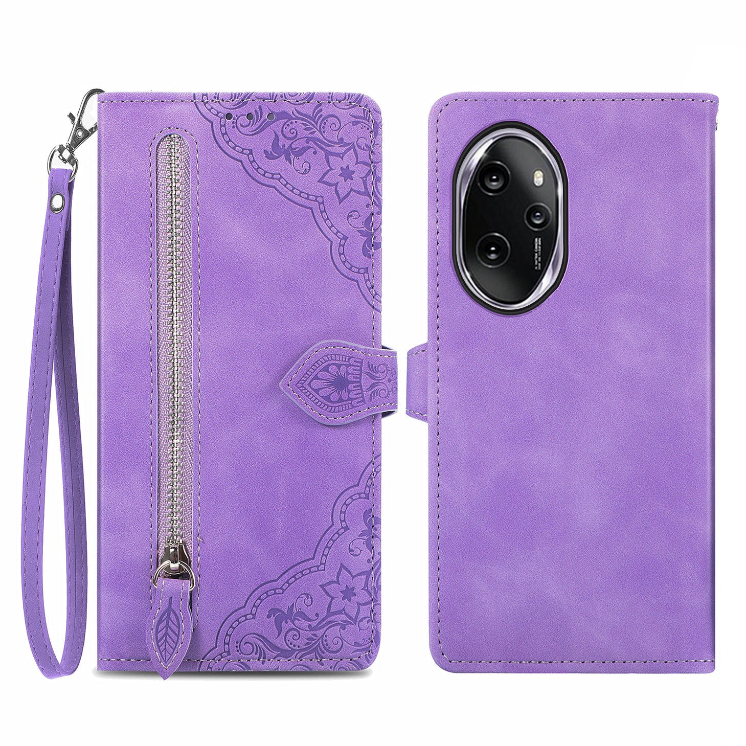 For Honor 100 Pro 5G Magnetic Case Zipper Wallet Flower Imprinted Mobile Phone Cover