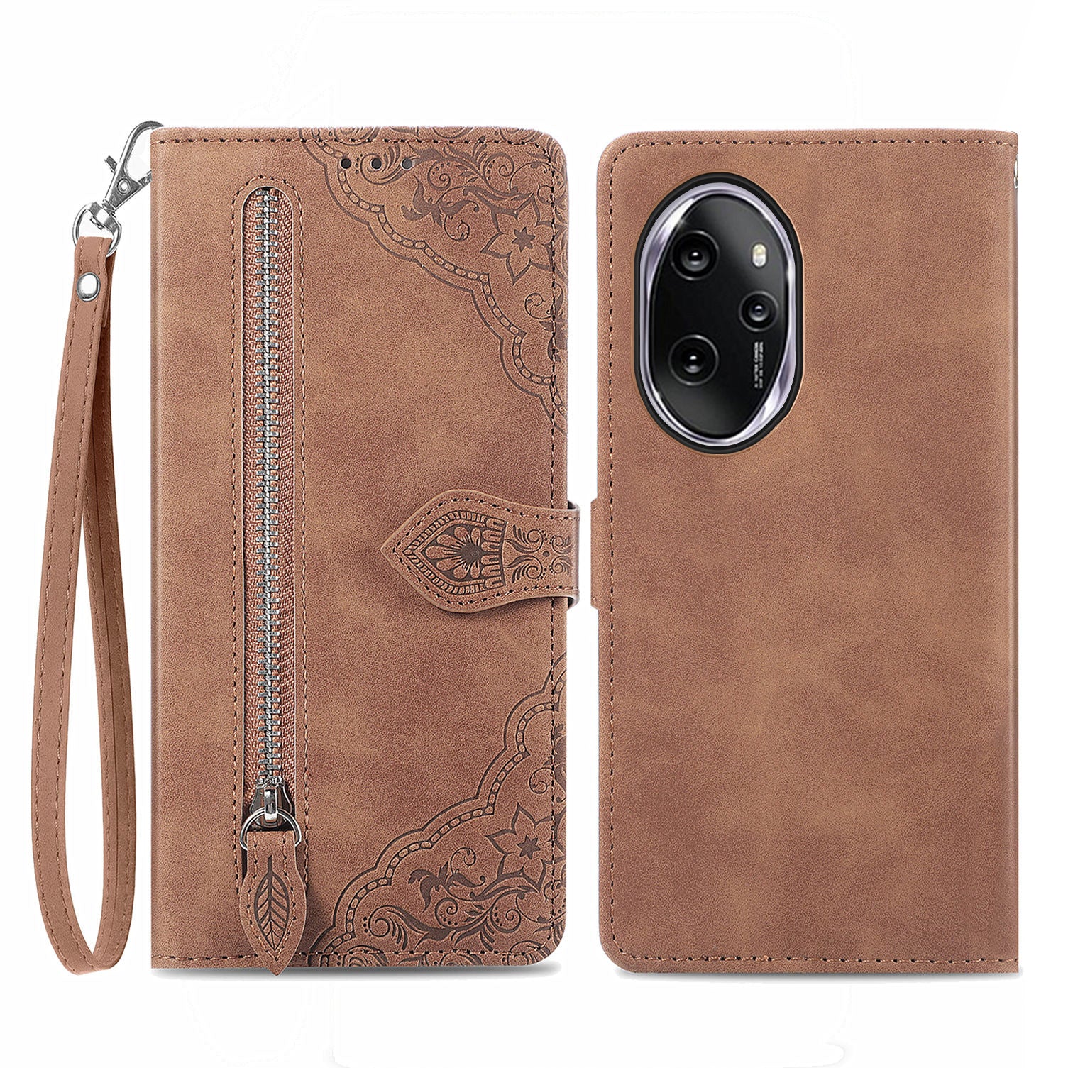 For Honor 100 Pro 5G Magnetic Case Zipper Wallet Flower Imprinted Mobile Phone Cover